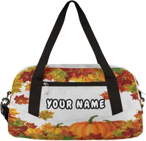 Thanksgiving Pumpkin Maple Personalized Kids Duffel Bag for Girls Boys, Pumpkin Customized Name Dance Bag Overnight Small Duffel Bag Carry On Weekend Sports Gym Travel Bag for School Practice Gymnastics Ballet