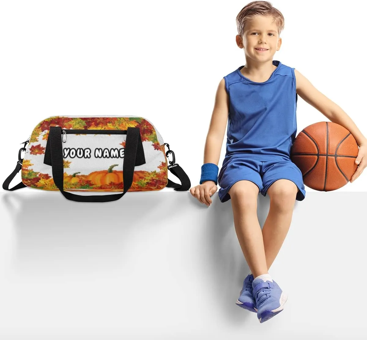 Thanksgiving Pumpkin Maple Personalized Kids Duffel Bag for Girls Boys, Pumpkin Customized Name Dance Bag Overnight Small Duffel Bag Carry On Weekend Sports Gym Travel Bag for School Practice Gymnastics Ballet