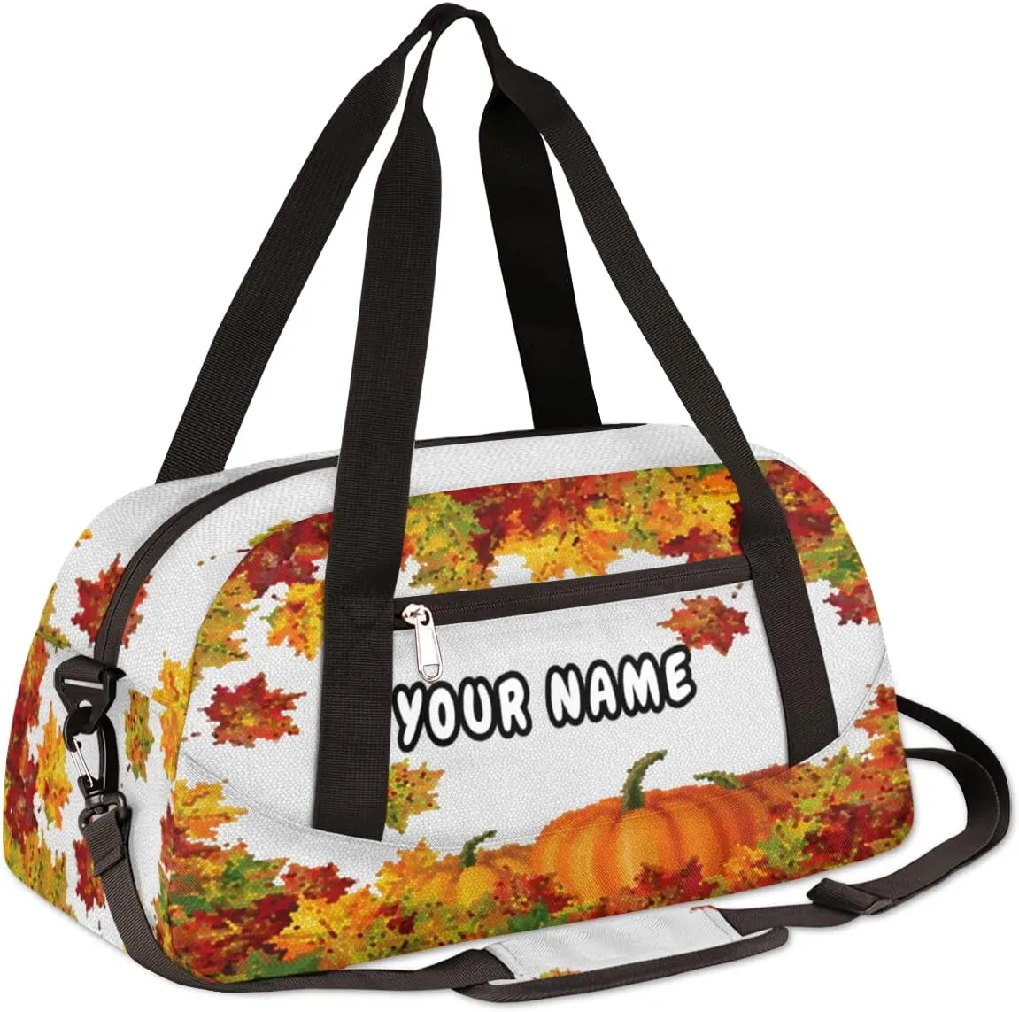 Thanksgiving Pumpkin Maple Personalized Kids Duffel Bag for Girls Boys, Pumpkin Customized Name Dance Bag Overnight Small Duffel Bag Carry On Weekend Sports Gym Travel Bag for School Practice Gymnastics Ballet