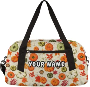 Thanksgiving Pumpkins Autumn Leaves Personalized Kids Duffel Bag for Girls Boys, Pumpkin Customized Name Dance Bag Overnight Small Duffel Bag Carry On Weekend Sports Gym Travel Bag for School Practice Gymnastics Ballet