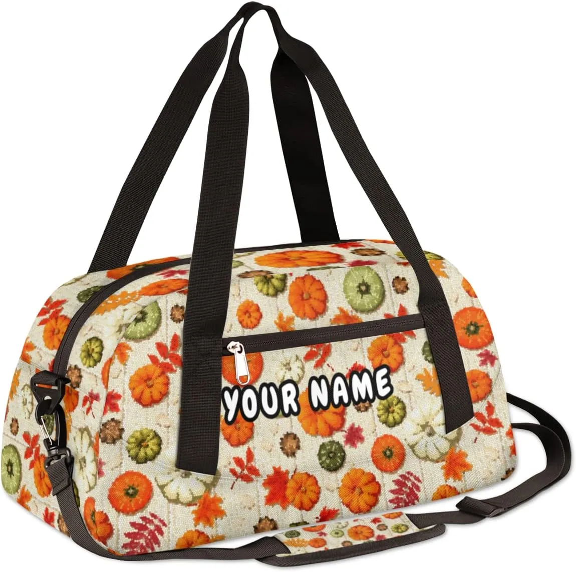 Thanksgiving Pumpkins Autumn Leaves Personalized Kids Duffel Bag for Girls Boys, Pumpkin Customized Name Dance Bag Overnight Small Duffel Bag Carry On Weekend Sports Gym Travel Bag for School Practice Gymnastics Ballet