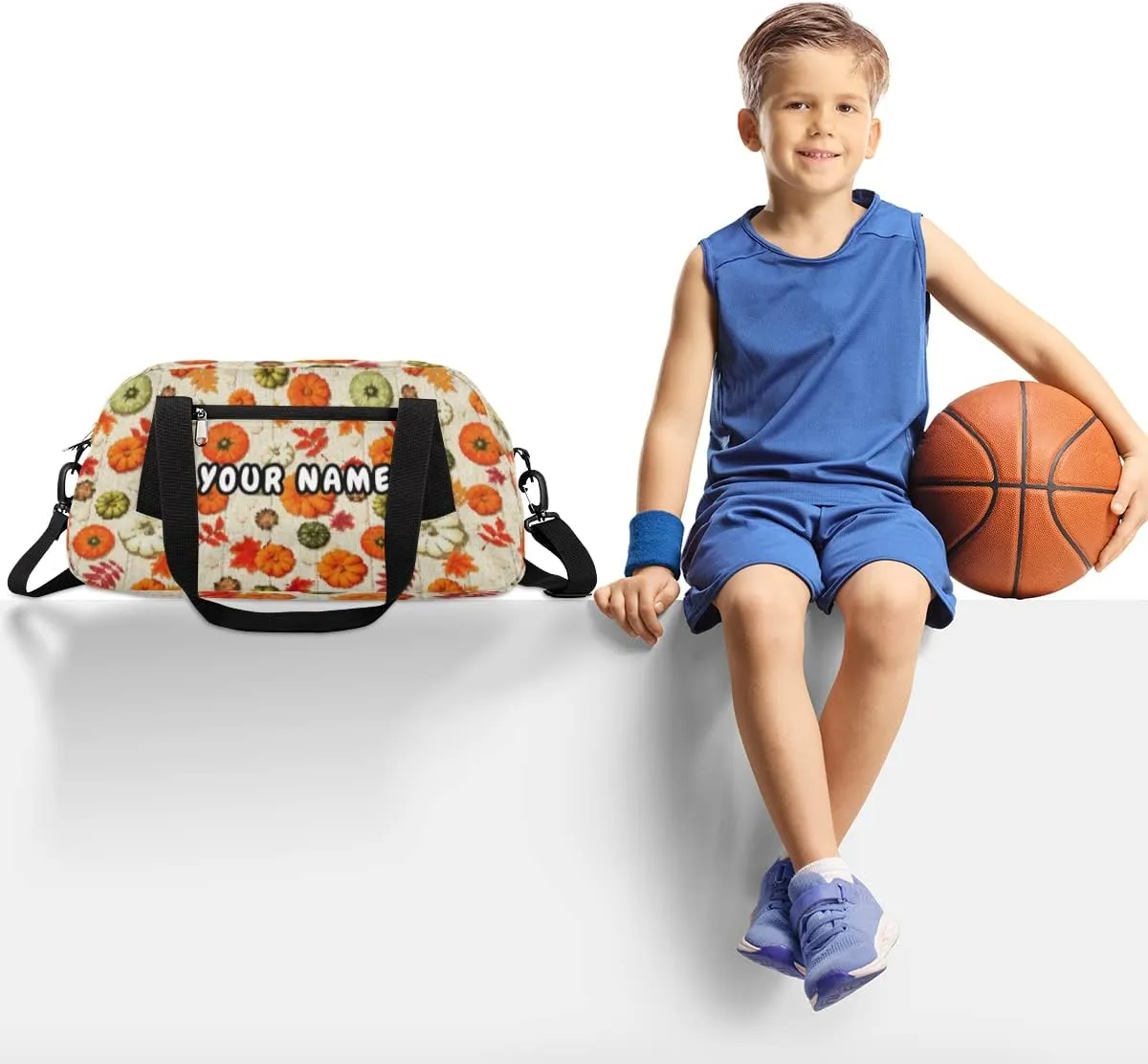 Thanksgiving Pumpkins Autumn Leaves Personalized Kids Duffel Bag for Girls Boys, Pumpkin Customized Name Dance Bag Overnight Small Duffel Bag Carry On Weekend Sports Gym Travel Bag for School Practice Gymnastics Ballet