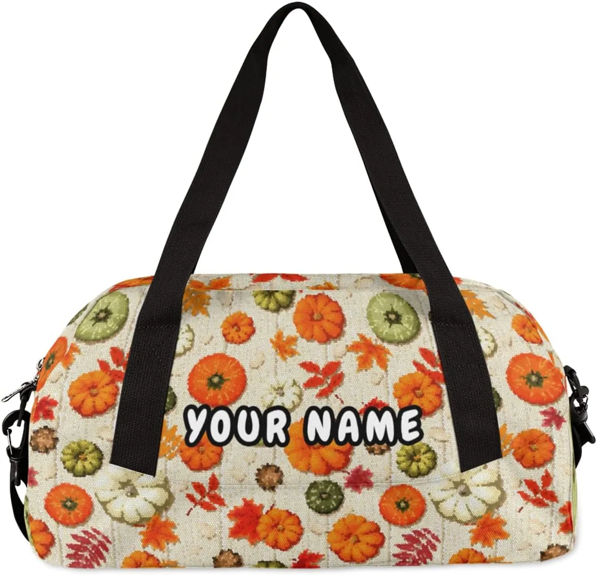 Thanksgiving Pumpkins Autumn Leaves Personalized Kids Duffel Bag for Girls Boys, Pumpkin Customized Name Dance Bag Overnight Small Duffel Bag Carry On Weekend Sports Gym Travel Bag for School Practice Gymnastics Ballet