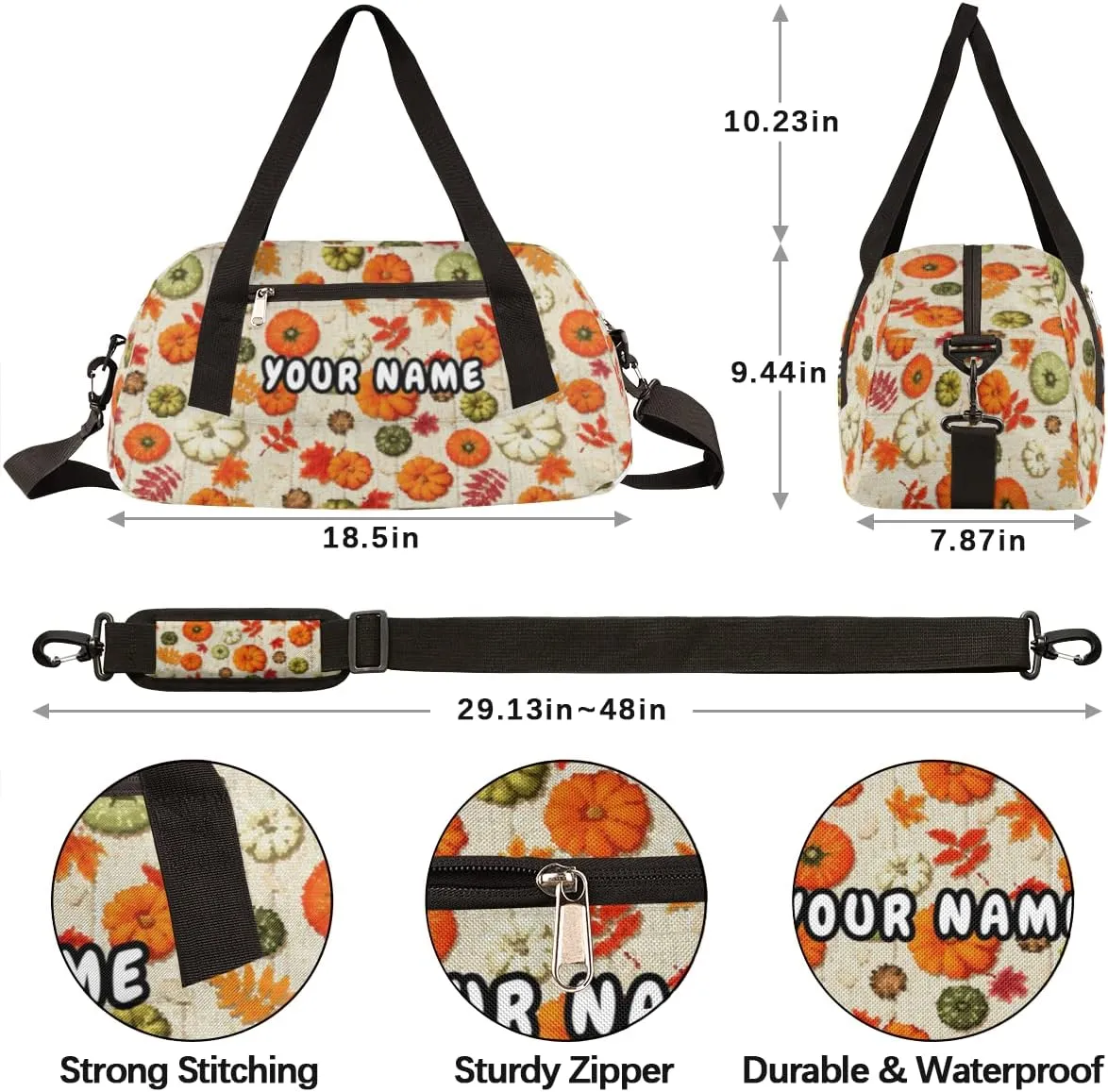 Thanksgiving Pumpkins Autumn Leaves Personalized Kids Duffel Bag for Girls Boys, Pumpkin Customized Name Dance Bag Overnight Small Duffel Bag Carry On Weekend Sports Gym Travel Bag for School Practice Gymnastics Ballet