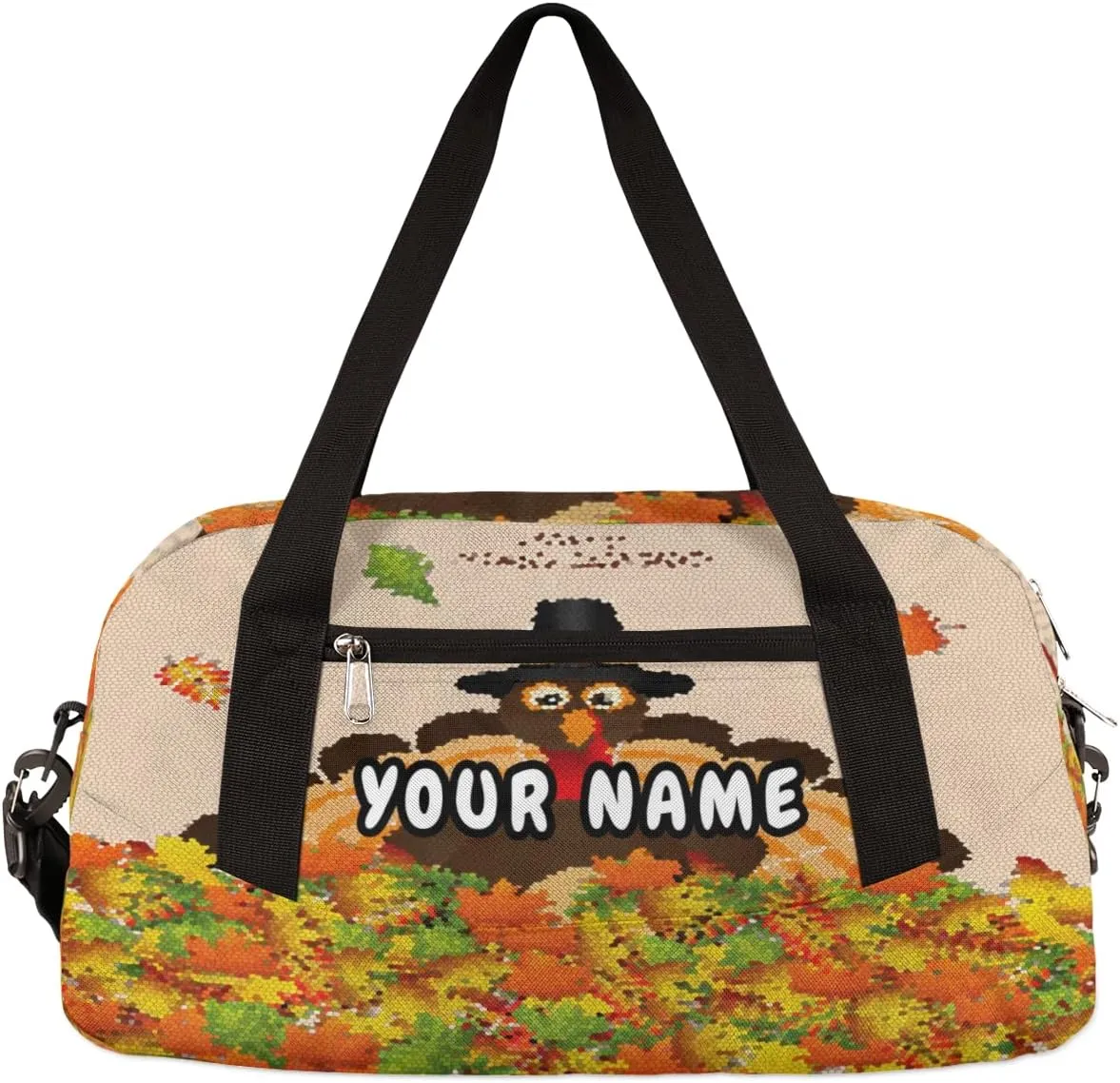 Thanksgiving Turkey Fall Leaves Personalized Kids Duffel Bag for Girls Boys, Turkey Customized Name Dance Bag Overnight Small Duffel Bag Carry On Weekend Sports Gym Travel Bag for School Practice Gymnastics Ballet