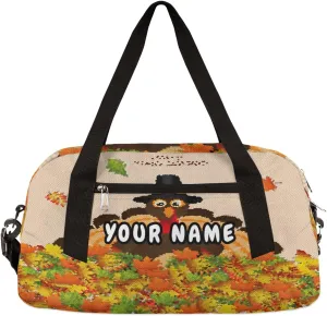Thanksgiving Turkey Fall Leaves Personalized Kids Duffel Bag for Girls Boys, Turkey Customized Name Dance Bag Overnight Small Duffel Bag Carry On Weekend Sports Gym Travel Bag for School Practice Gymnastics Ballet
