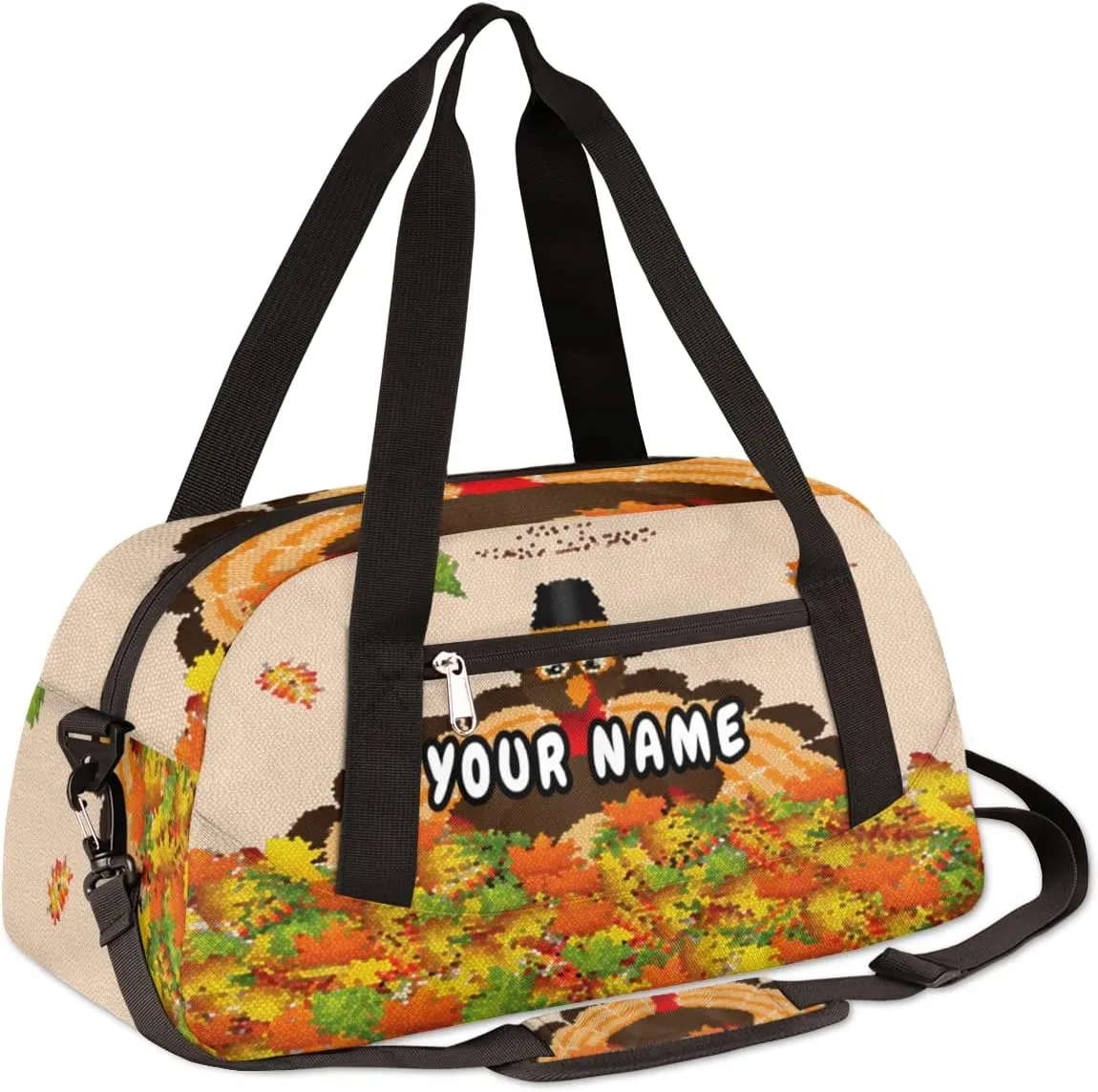 Thanksgiving Turkey Fall Leaves Personalized Kids Duffel Bag for Girls Boys, Turkey Customized Name Dance Bag Overnight Small Duffel Bag Carry On Weekend Sports Gym Travel Bag for School Practice Gymnastics Ballet