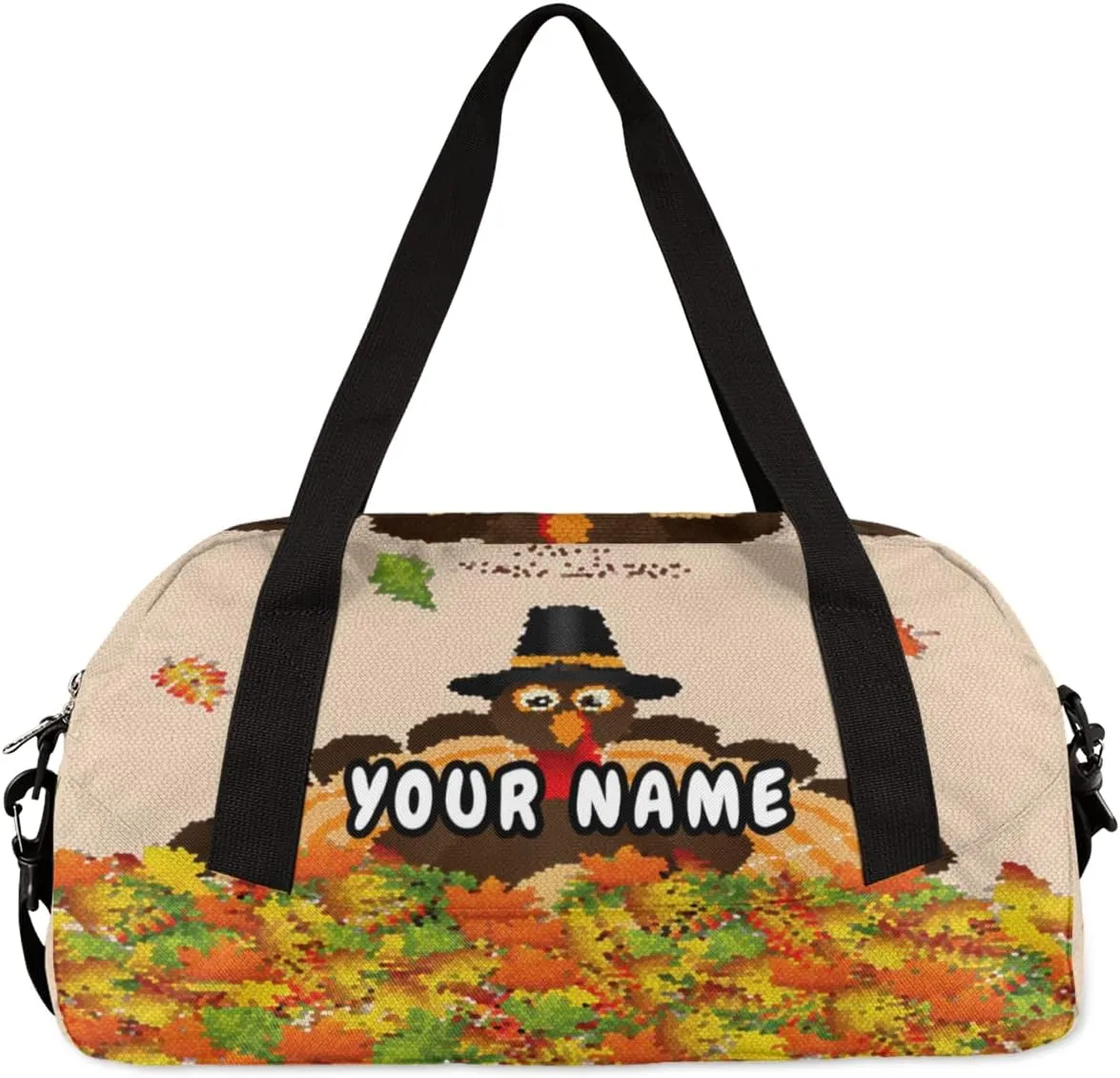 Thanksgiving Turkey Fall Leaves Personalized Kids Duffel Bag for Girls Boys, Turkey Customized Name Dance Bag Overnight Small Duffel Bag Carry On Weekend Sports Gym Travel Bag for School Practice Gymnastics Ballet