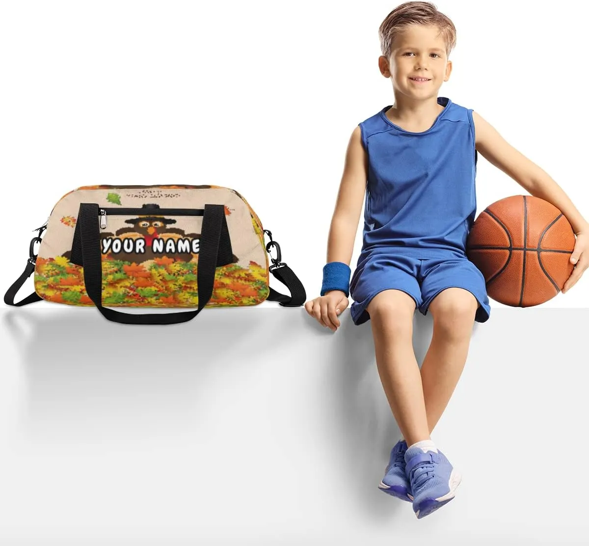 Thanksgiving Turkey Fall Leaves Personalized Kids Duffel Bag for Girls Boys, Turkey Customized Name Dance Bag Overnight Small Duffel Bag Carry On Weekend Sports Gym Travel Bag for School Practice Gymnastics Ballet