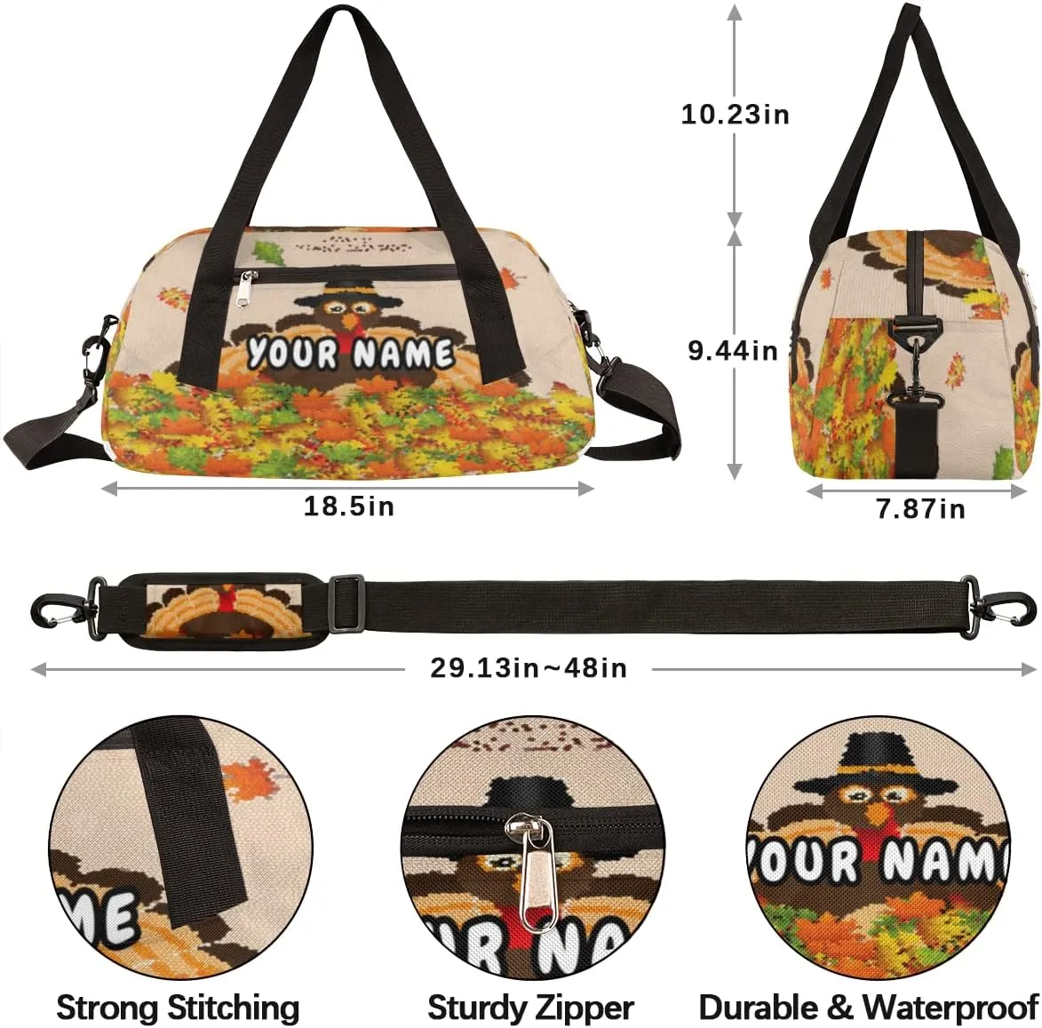 Thanksgiving Turkey Fall Leaves Personalized Kids Duffel Bag for Girls Boys, Turkey Customized Name Dance Bag Overnight Small Duffel Bag Carry On Weekend Sports Gym Travel Bag for School Practice Gymnastics Ballet