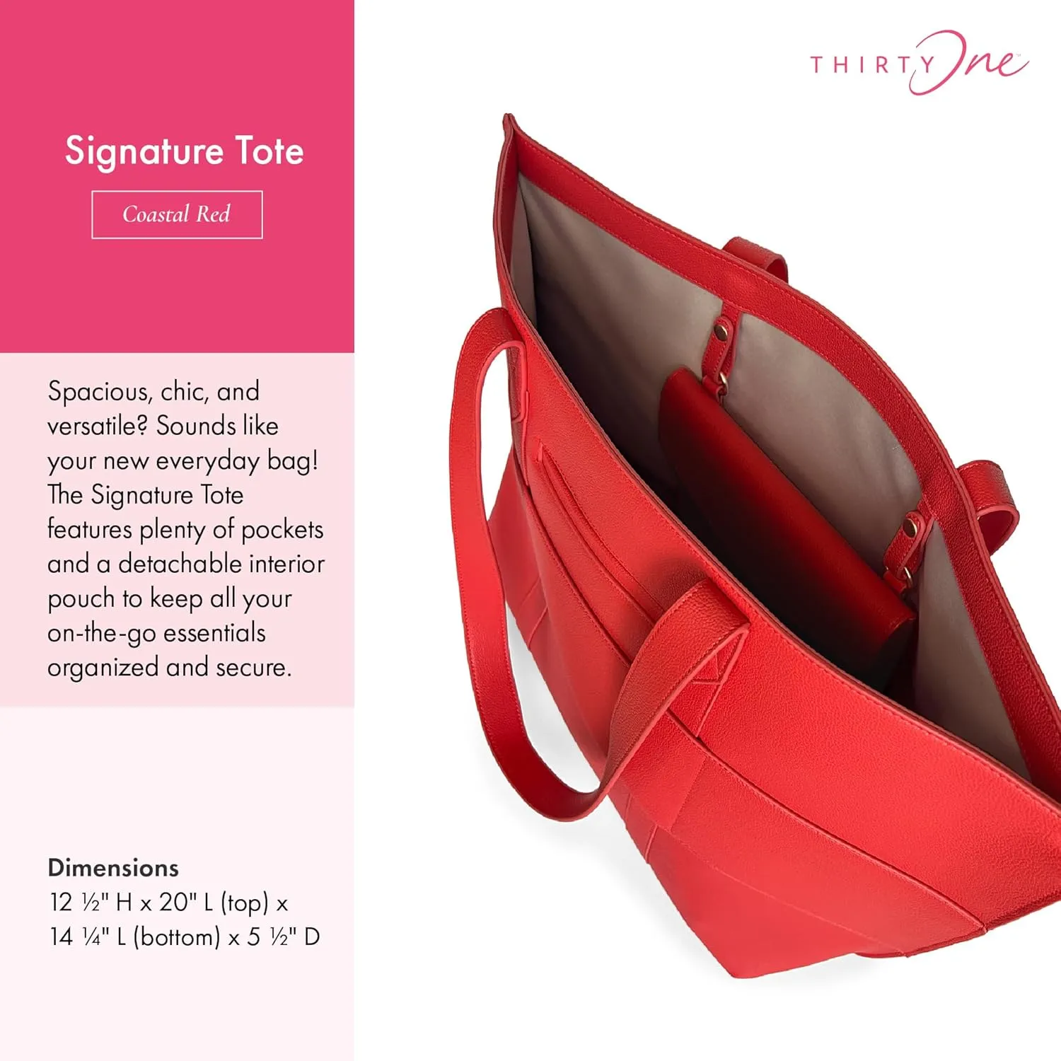 THIRTY-ONE Gifts Signature Tote Bag with Pockets, Faux Leather Tote-Bag Purse with Removable Pouch