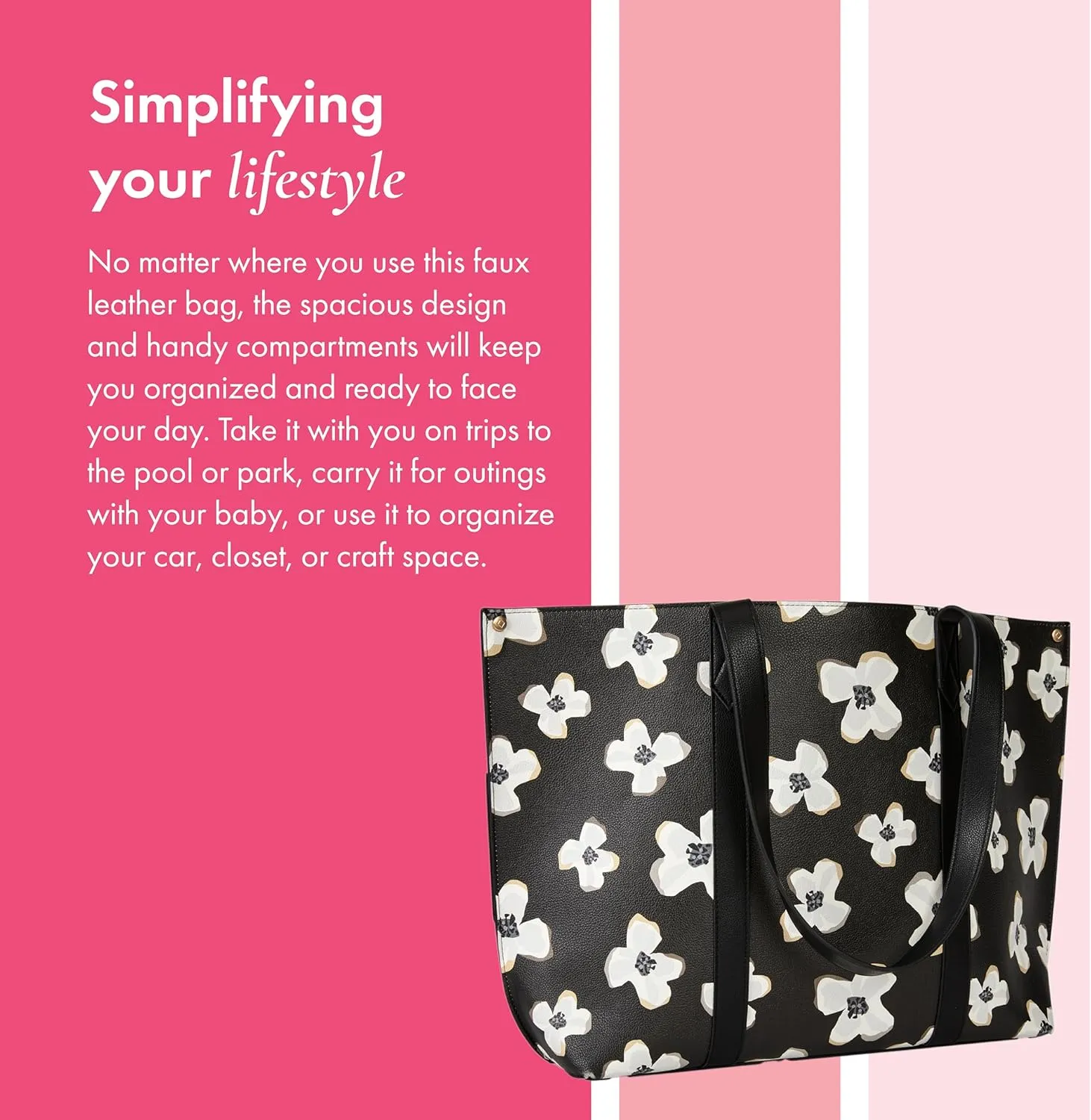 THIRTY-ONE Gifts Signature Tote Bag with Pockets, Faux Leather Tote-Bag Purse with Removable Pouch