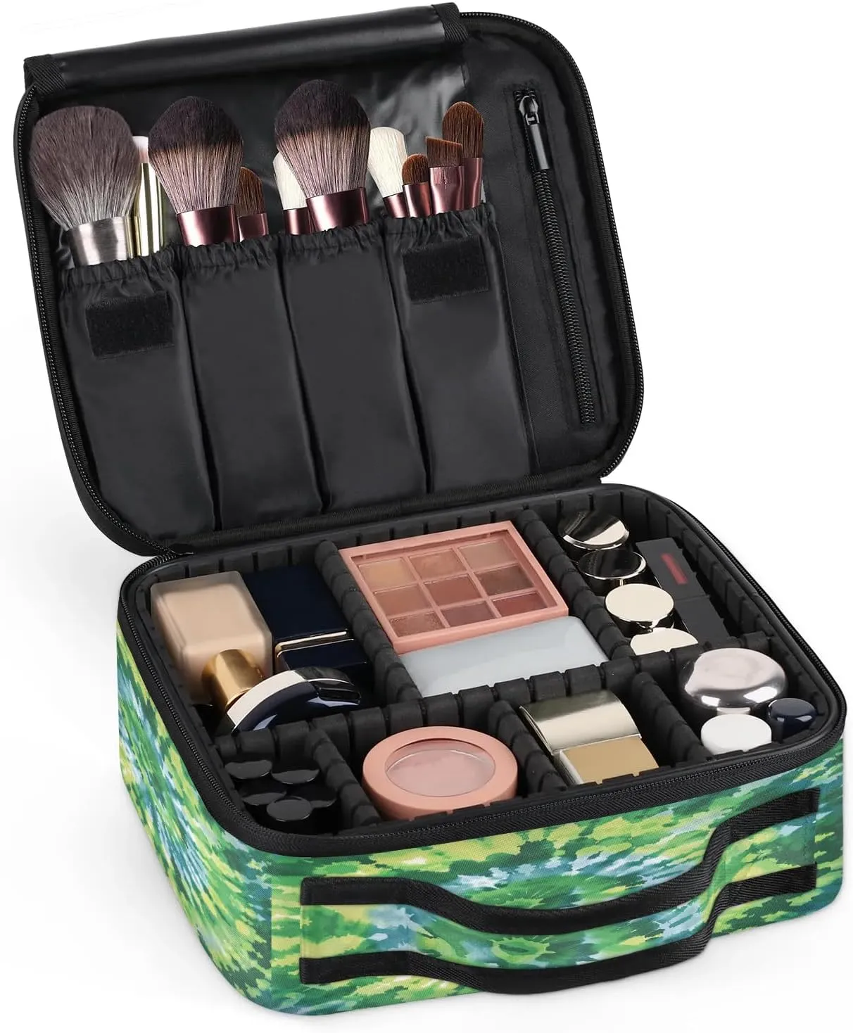 Tie Dye Green Travel Makeup Train Case Cosmetic Bag Organizer Portable Storage Bag with Adjustable Dividers for Cosmetics Makeup Brushes Toiletry Jewelry