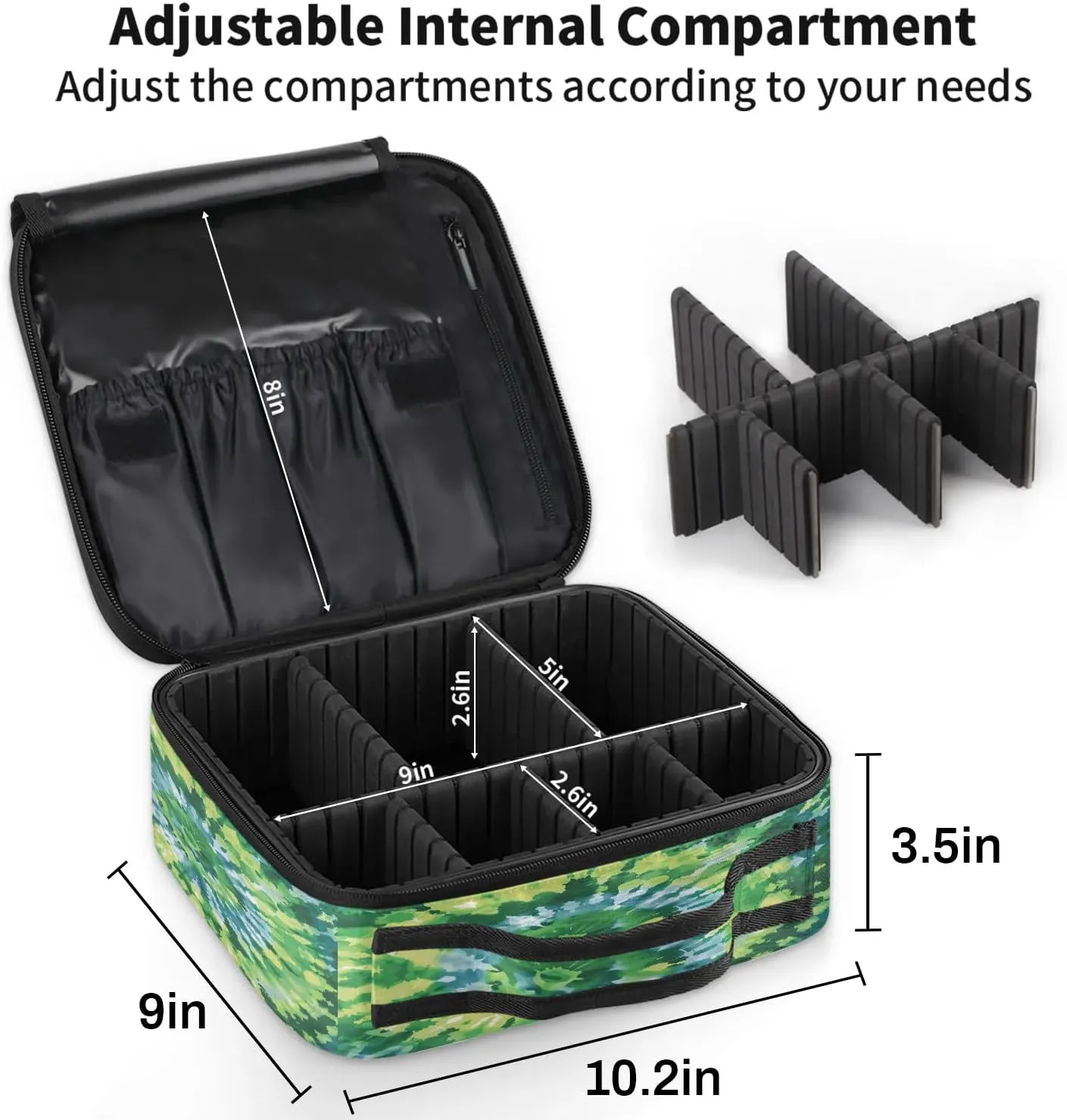 Tie Dye Green Travel Makeup Train Case Cosmetic Bag Organizer Portable Storage Bag with Adjustable Dividers for Cosmetics Makeup Brushes Toiletry Jewelry