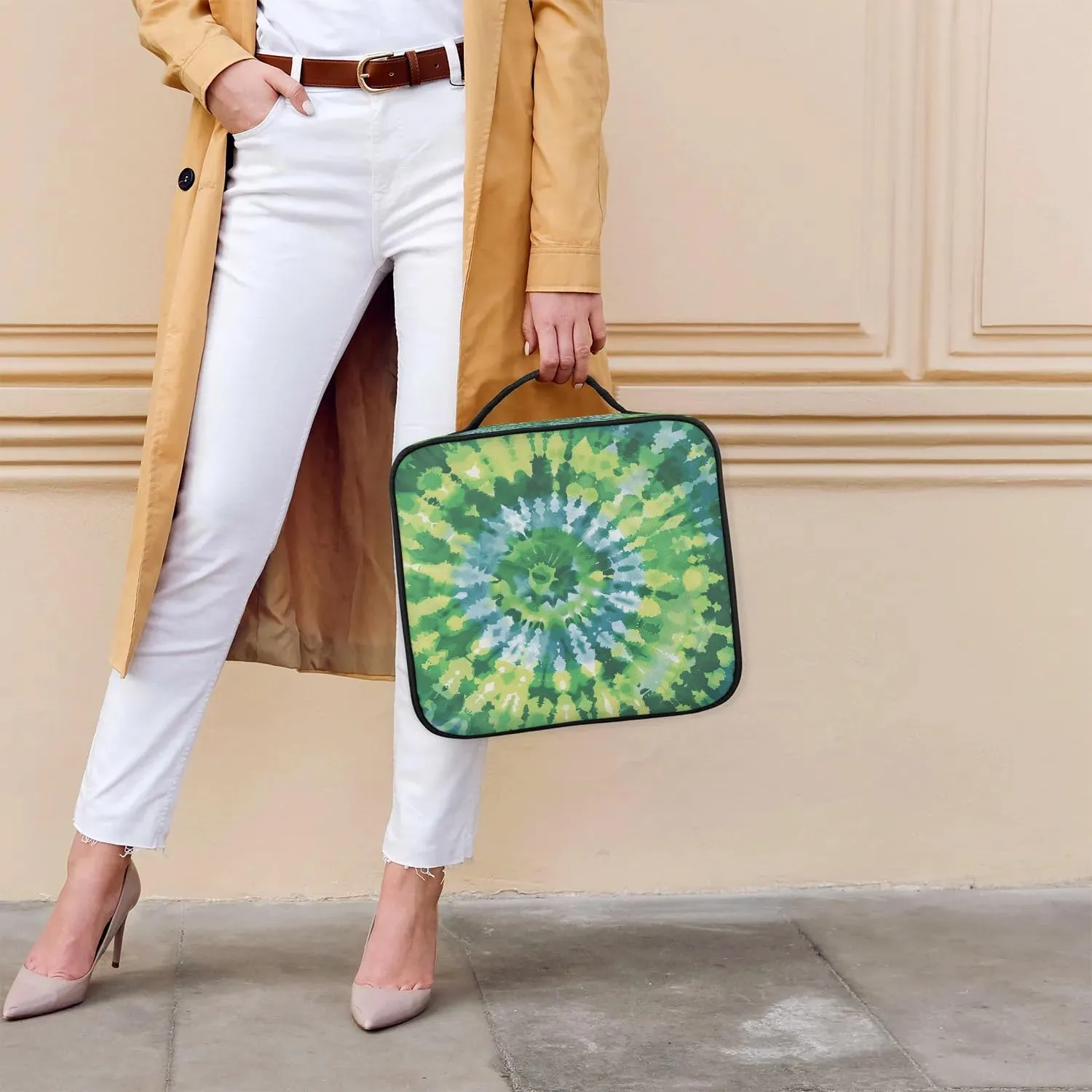 Tie Dye Green Travel Makeup Train Case Cosmetic Bag Organizer Portable Storage Bag with Adjustable Dividers for Cosmetics Makeup Brushes Toiletry Jewelry