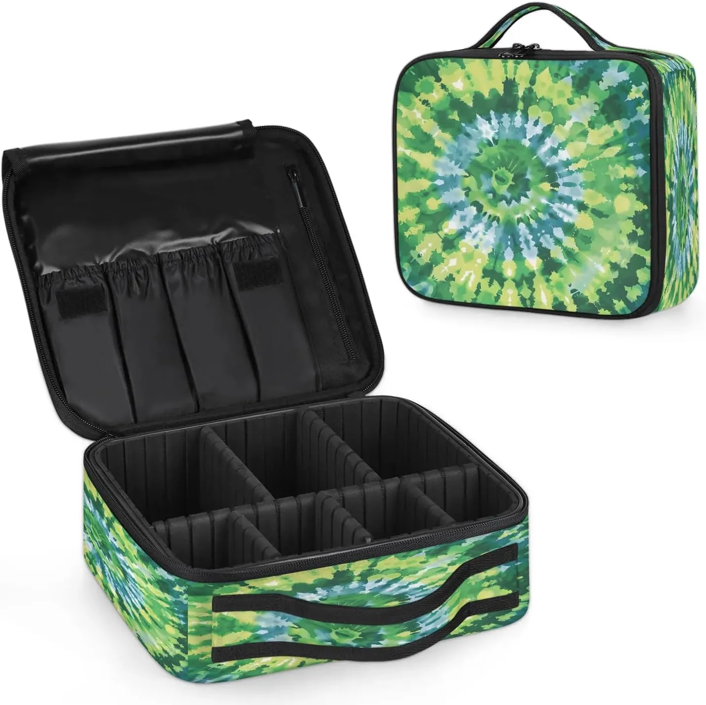 Tie Dye Green Travel Makeup Train Case Cosmetic Bag Organizer Portable Storage Bag with Adjustable Dividers for Cosmetics Makeup Brushes Toiletry Jewelry