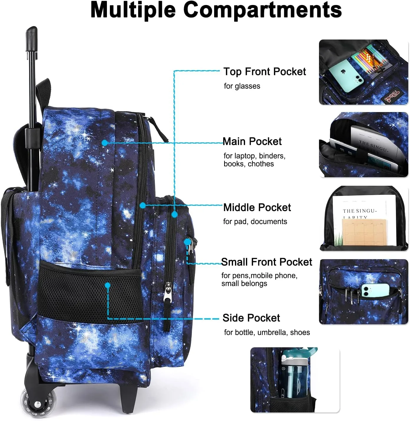 Tilami Rolling Backpack 18 inch Double Handle Wheeled Boys Girls Travel School Children Luggage Toddler Trip (Galaxy Blue)