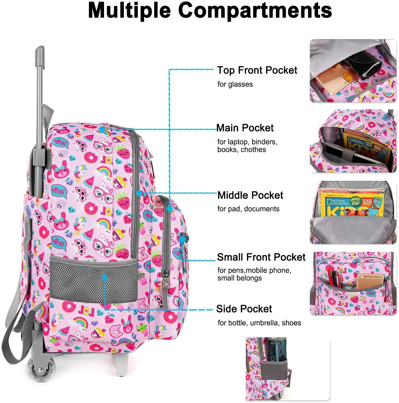 Tilami Rolling Backpack 18 inch Double Handle Wheeled Boys Girls Travel School Children Luggage Toddler Trip, Pink Cat