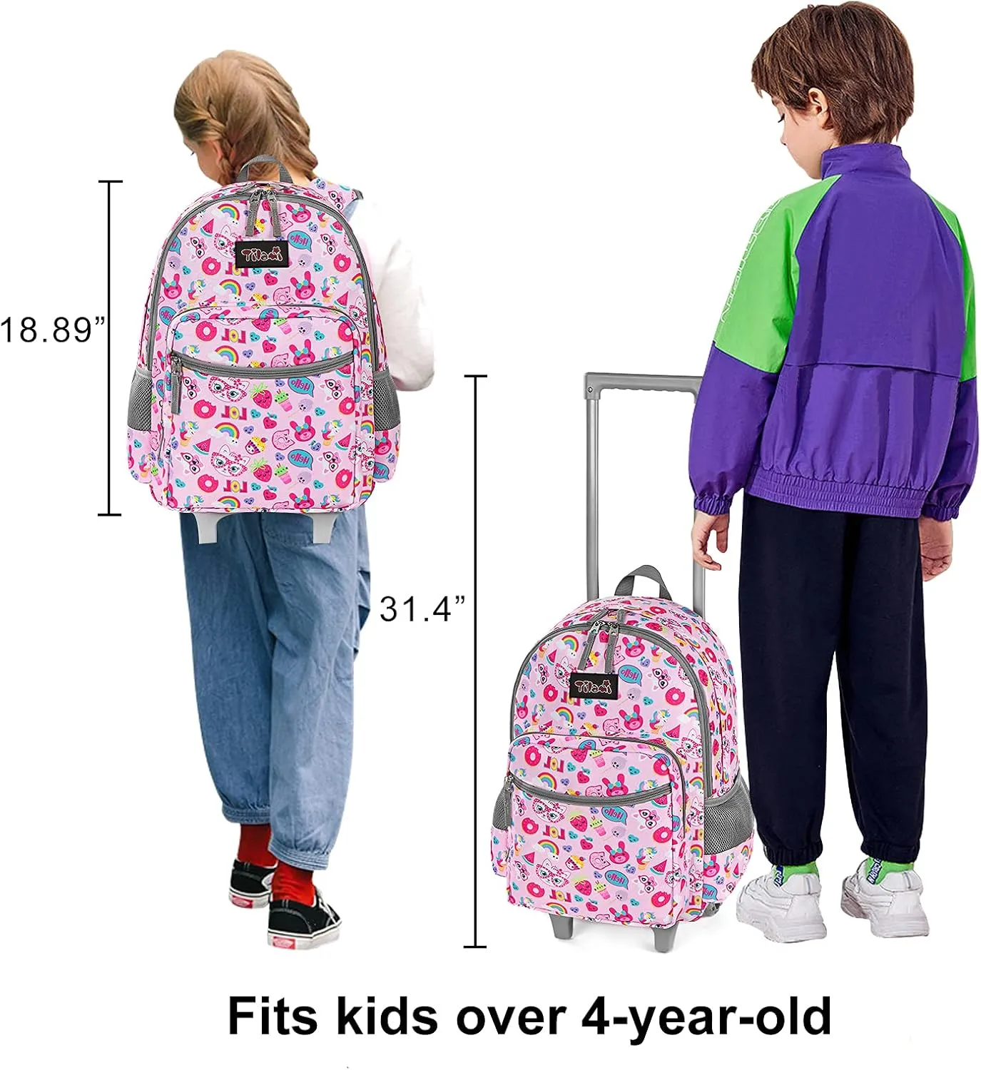 Tilami Rolling Backpack 18 inch Double Handle Wheeled Boys Girls Travel School Children Luggage Toddler Trip, Pink Cat