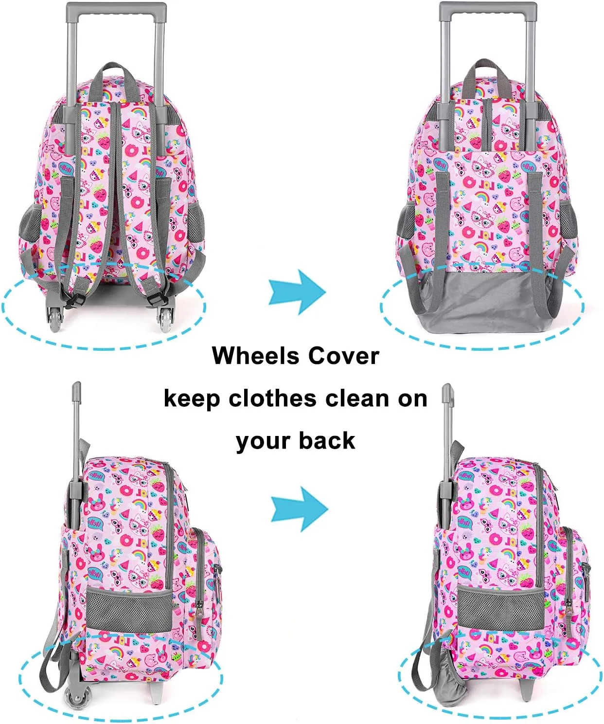 Tilami Rolling Backpack 18 inch Double Handle Wheeled Boys Girls Travel School Children Luggage Toddler Trip, Pink Cat