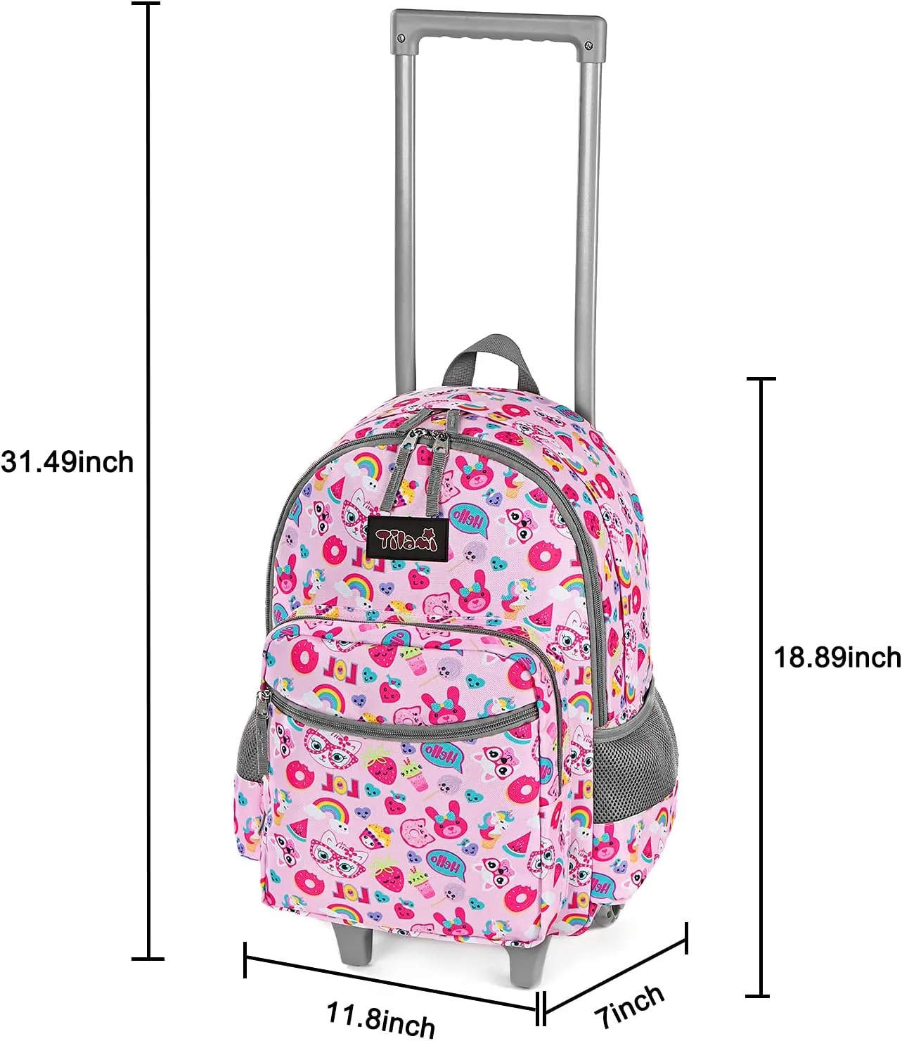 Tilami Rolling Backpack 18 inch Double Handle Wheeled Boys Girls Travel School Children Luggage Toddler Trip, Pink Cat