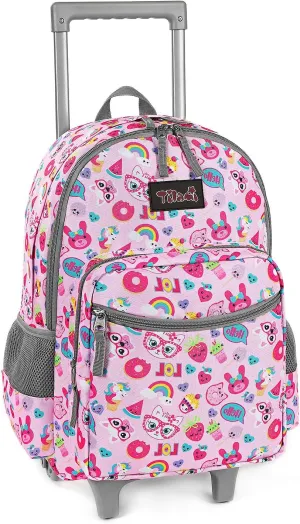 Tilami Rolling Backpack 18 inch Double Handle Wheeled Boys Girls Travel School Children Luggage Toddler Trip, Pink Cat