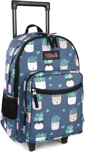 Tilami Rolling Backpack 18 inch Double Handle Wheeled Boys Girls Travel School Children Luggage Toddler Trip, Plants Blue