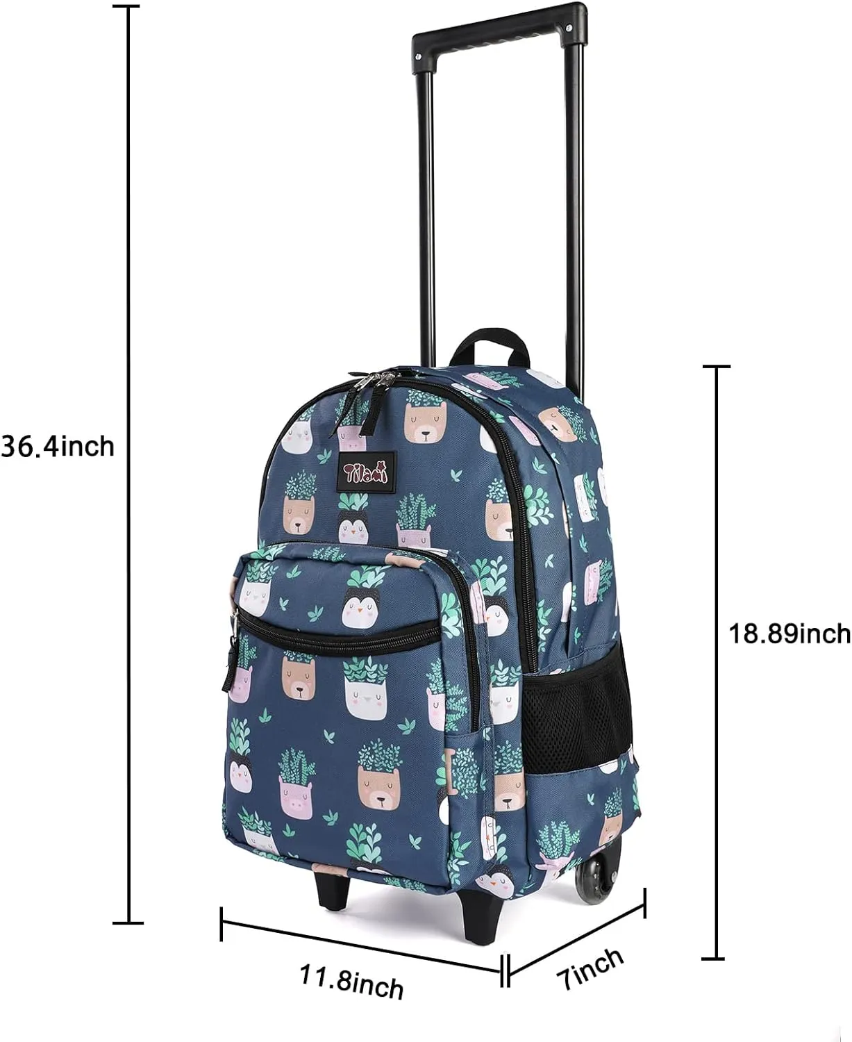 Tilami Rolling Backpack 18 inch Double Handle Wheeled Boys Girls Travel School Children Luggage Toddler Trip, Plants Blue