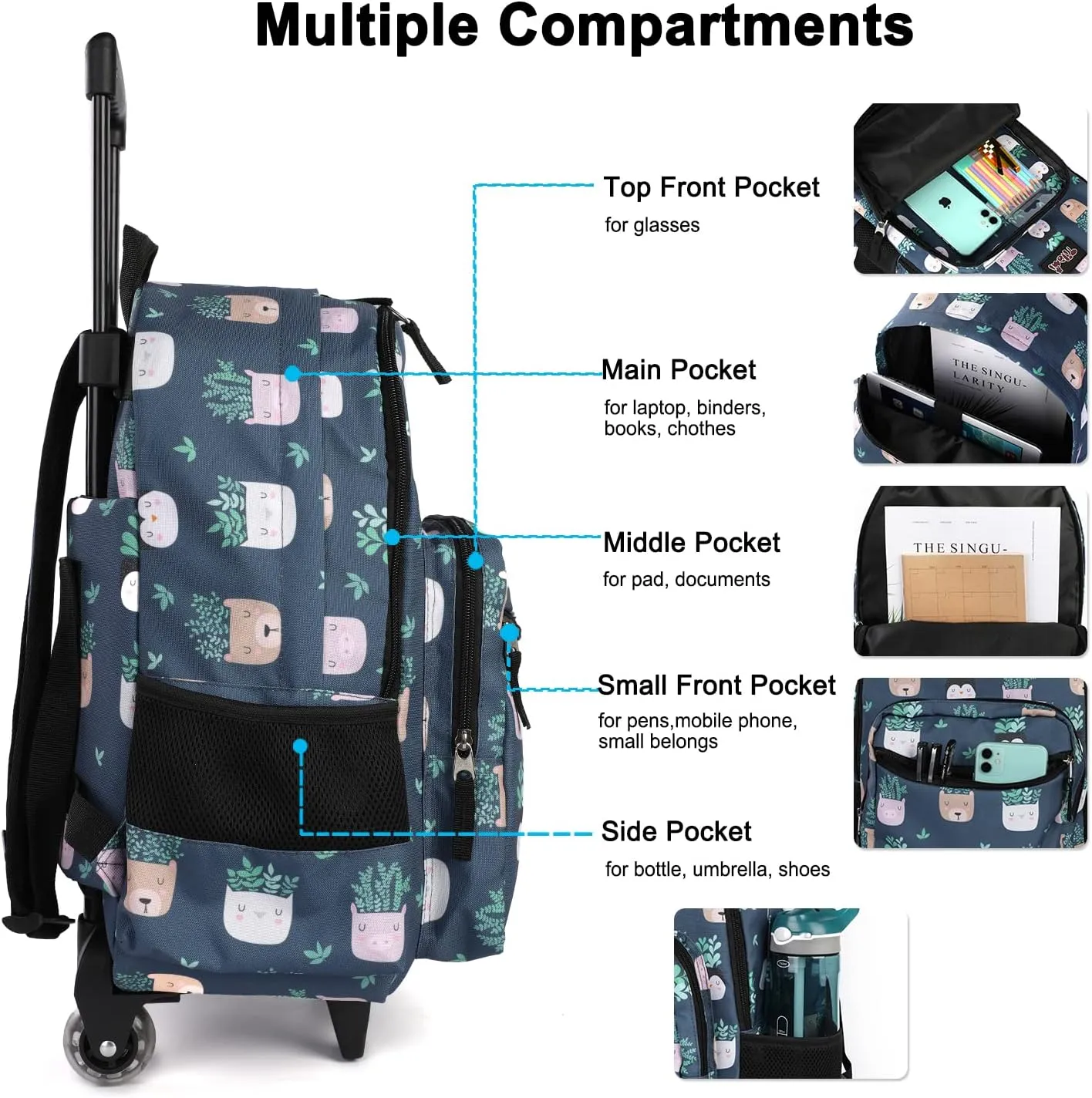 Tilami Rolling Backpack 18 inch Double Handle Wheeled Boys Girls Travel School Children Luggage Toddler Trip, Plants Blue