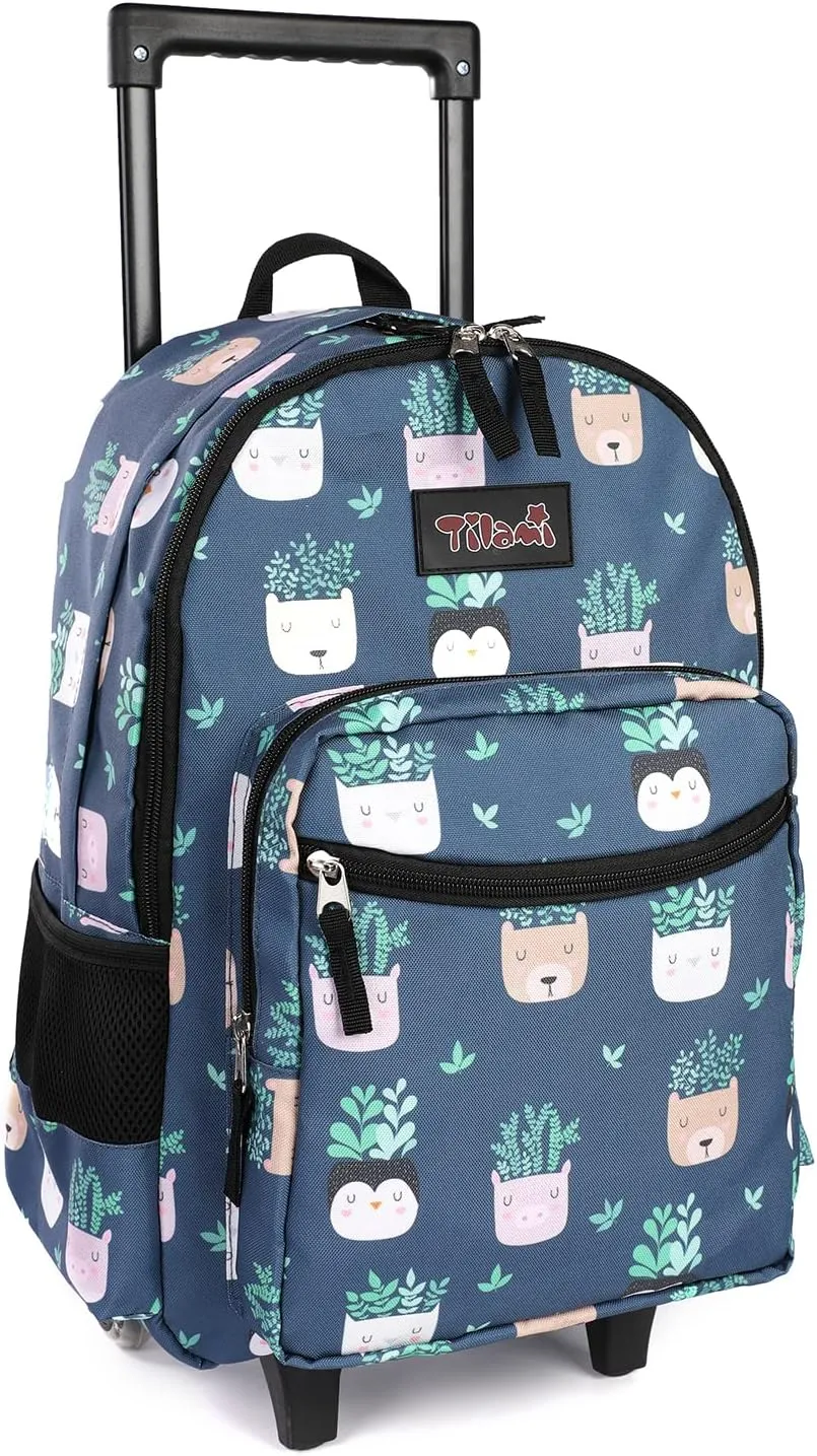 Tilami Rolling Backpack 18 inch Double Handle Wheeled Boys Girls Travel School Children Luggage Toddler Trip, Plants Blue