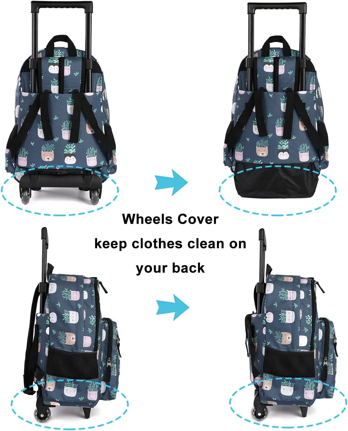 Tilami Rolling Backpack 18 inch Double Handle Wheeled Boys Girls Travel School Children Luggage Toddler Trip, Plants Blue