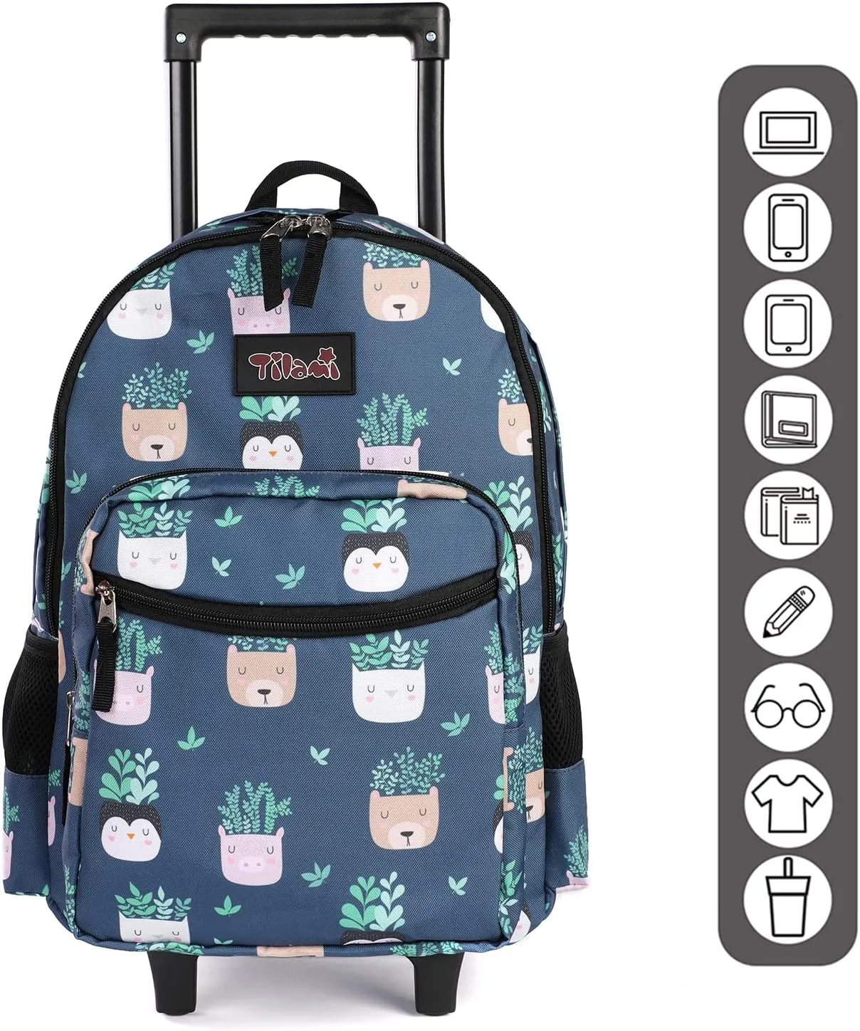 Tilami Rolling Backpack 18 inch Double Handle Wheeled Boys Girls Travel School Children Luggage Toddler Trip, Plants Blue