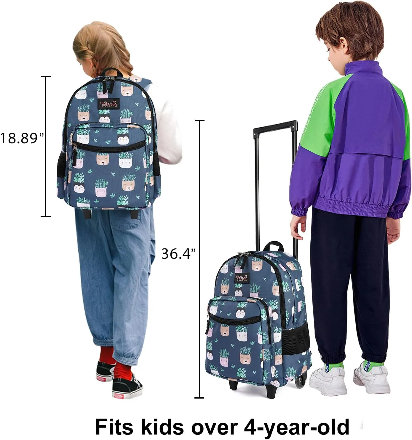 Tilami Rolling Backpack 18 inch Double Handle Wheeled Boys Girls Travel School Children Luggage Toddler Trip, Plants Blue