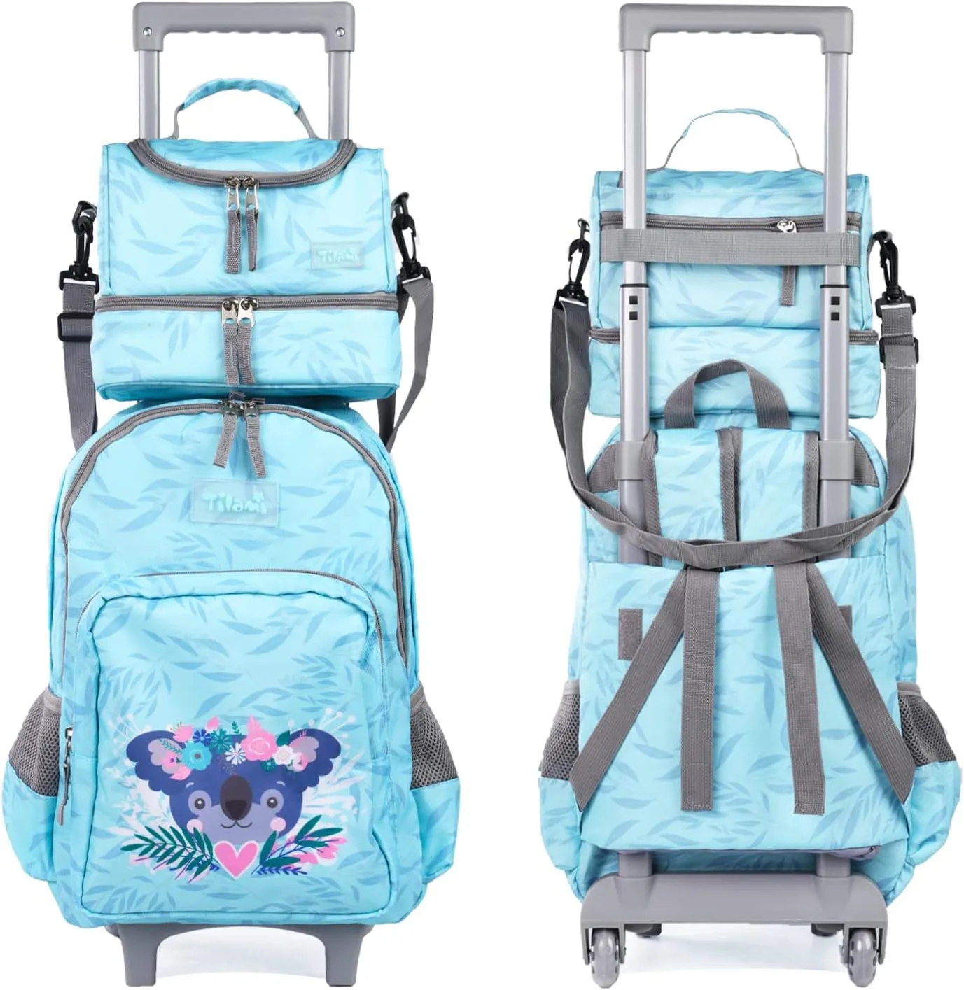 Tilami Rolling Backpack 18 inch Double Handle with Lunch Bag Wheeled Kids Backpack for Girls and Boys, Koala