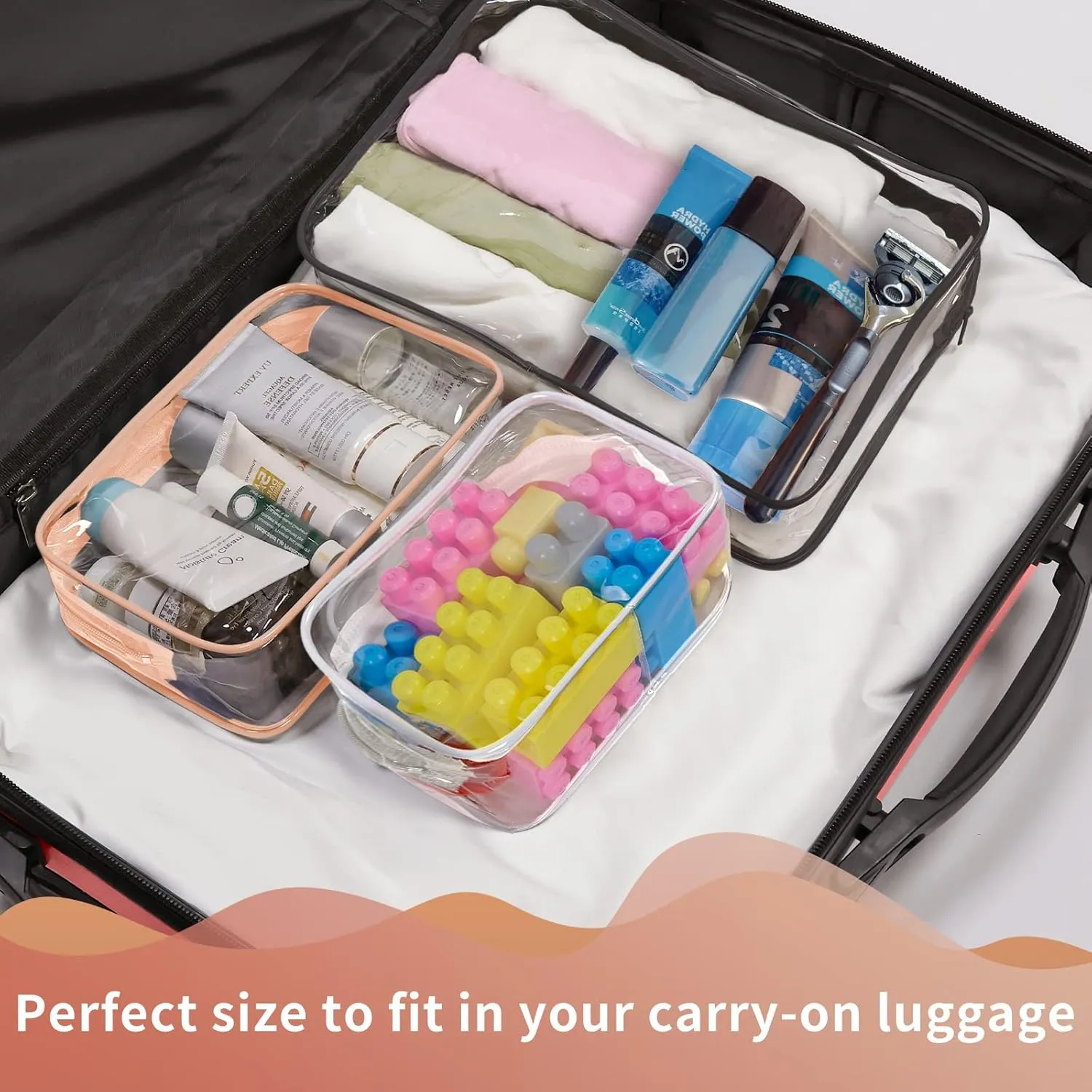 TISRATOK 12 PCS Clear Makeup Bag for Women with Zipper, TSA Approved Toiletry Pouch, Cosmetic Bag Bulk for Travel Organizer Essentials - Orange-pink, Medium