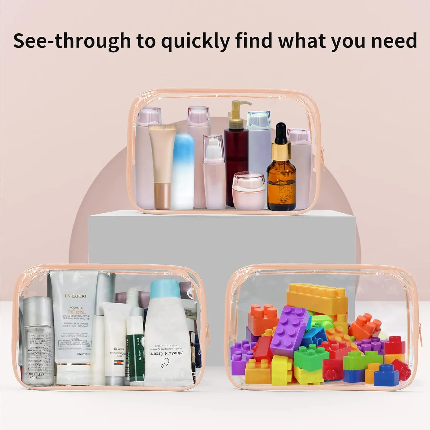 TISRATOK 12 PCS Clear Makeup Bag for Women with Zipper, TSA Approved Toiletry Pouch, Cosmetic Bag Bulk for Travel Organizer Essentials - Orange-pink, Medium