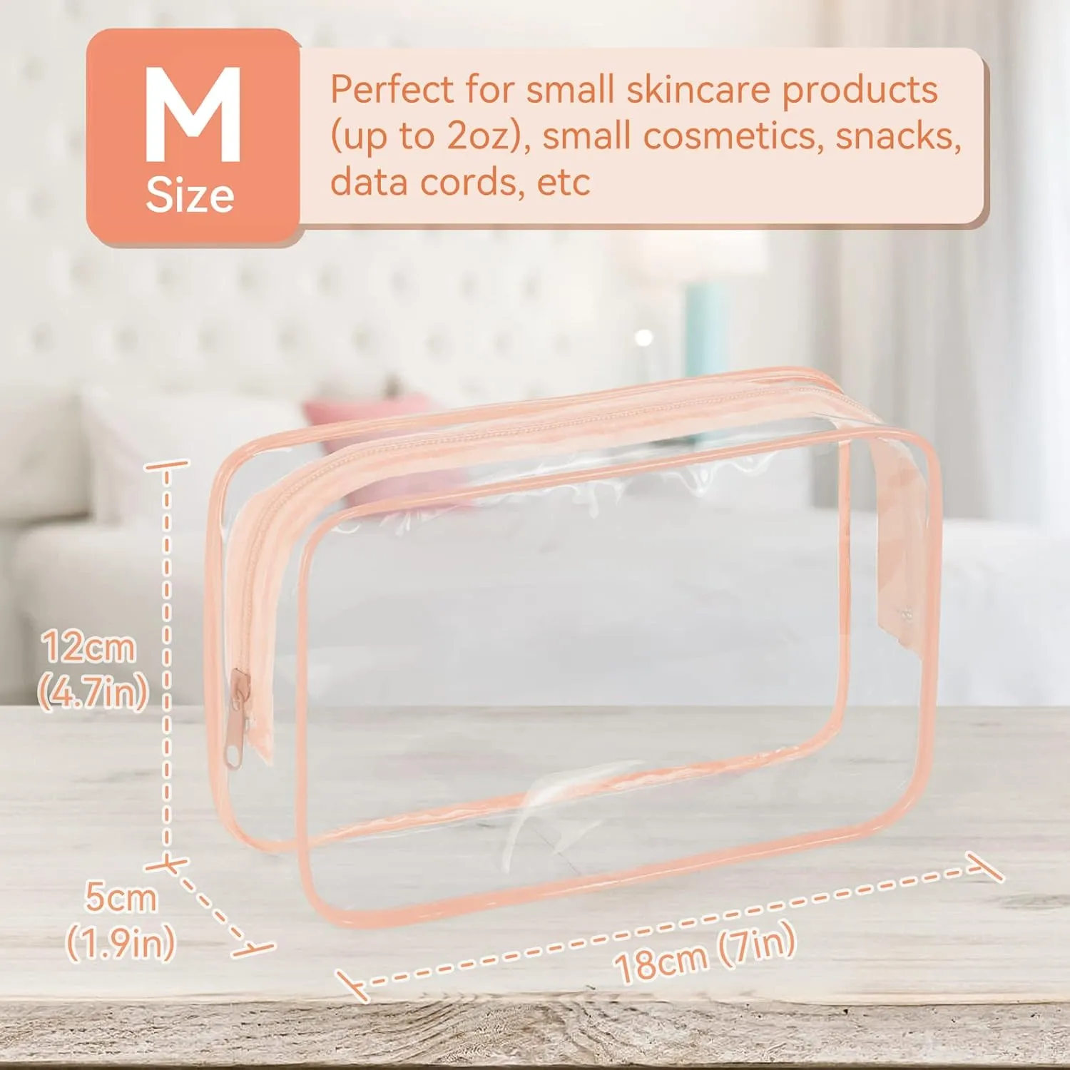 TISRATOK 12 PCS Clear Makeup Bag for Women with Zipper, TSA Approved Toiletry Pouch, Cosmetic Bag Bulk for Travel Organizer Essentials - Orange-pink, Medium