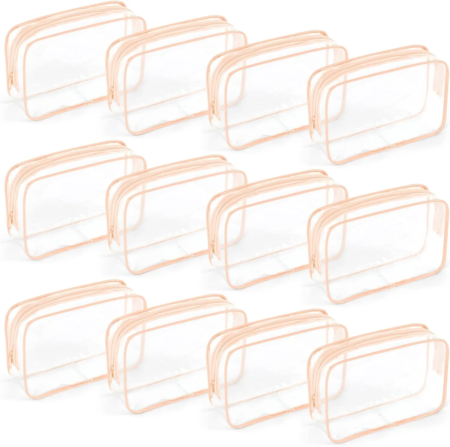 TISRATOK 12 PCS Clear Makeup Bag for Women with Zipper, TSA Approved Toiletry Pouch, Cosmetic Bag Bulk for Travel Organizer Essentials - Orange-pink, Medium