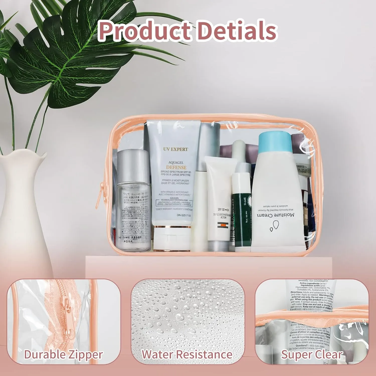 TISRATOK 12 PCS Clear Makeup Bag for Women with Zipper, TSA Approved Toiletry Pouch, Cosmetic Bag Bulk for Travel Organizer Essentials - Orange-pink, Medium