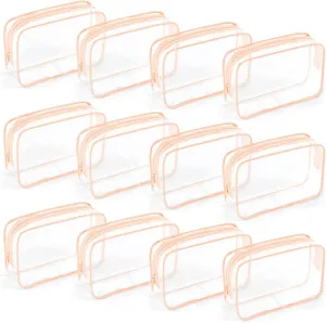 TISRATOK 12 PCS Clear Makeup Bag for Women with Zipper, TSA Approved Toiletry Pouch, Cosmetic Bag Bulk for Travel Organizer Essentials - Orange-pink, Medium