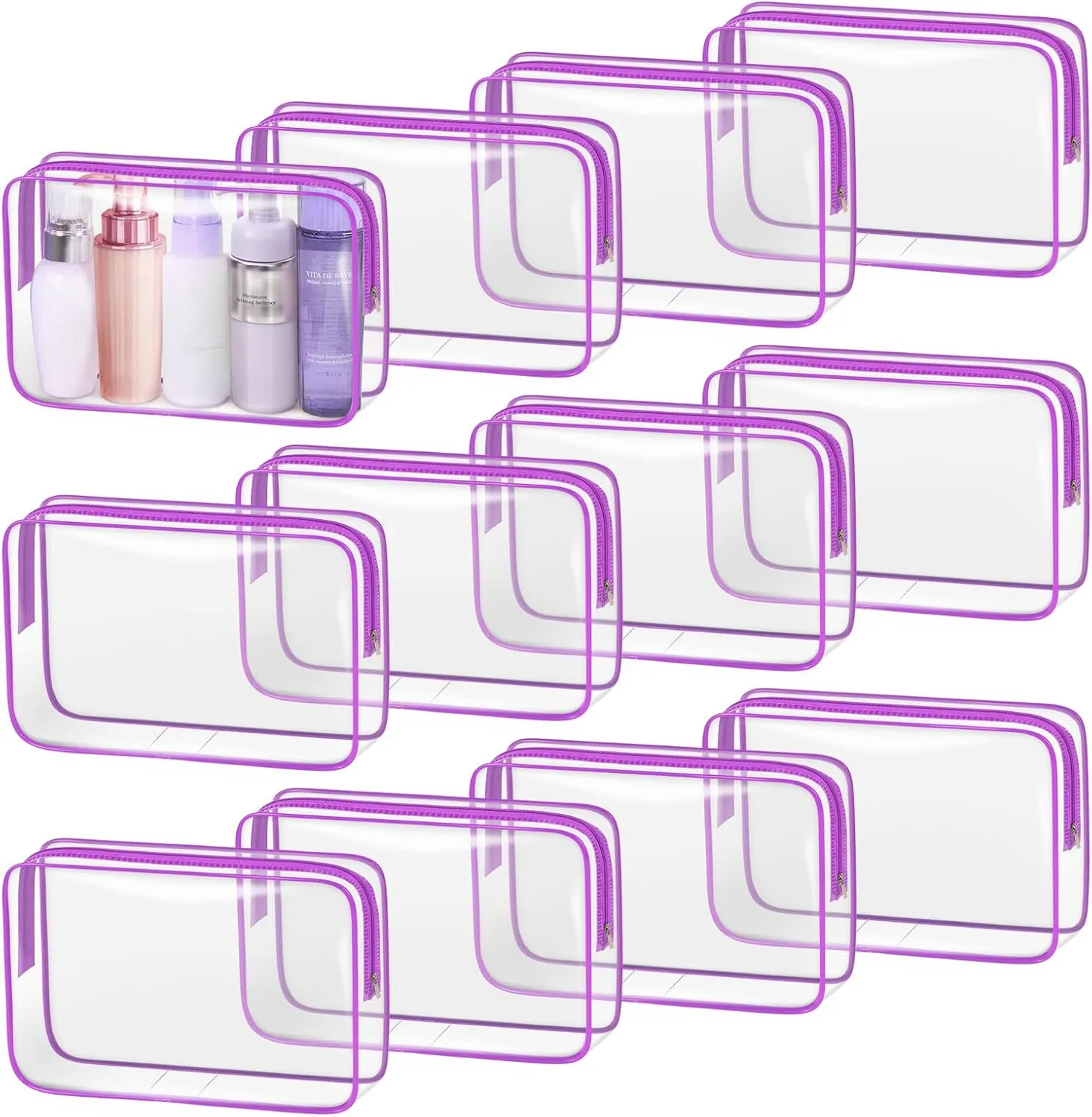 TISRATOK 12 PCS Clear Makeup Bag for Women with Zipper, TSA Approved Toiletry Pouch, Cosmetic Bag Bulk for Travel Organizer Essentials - Purple, Large
