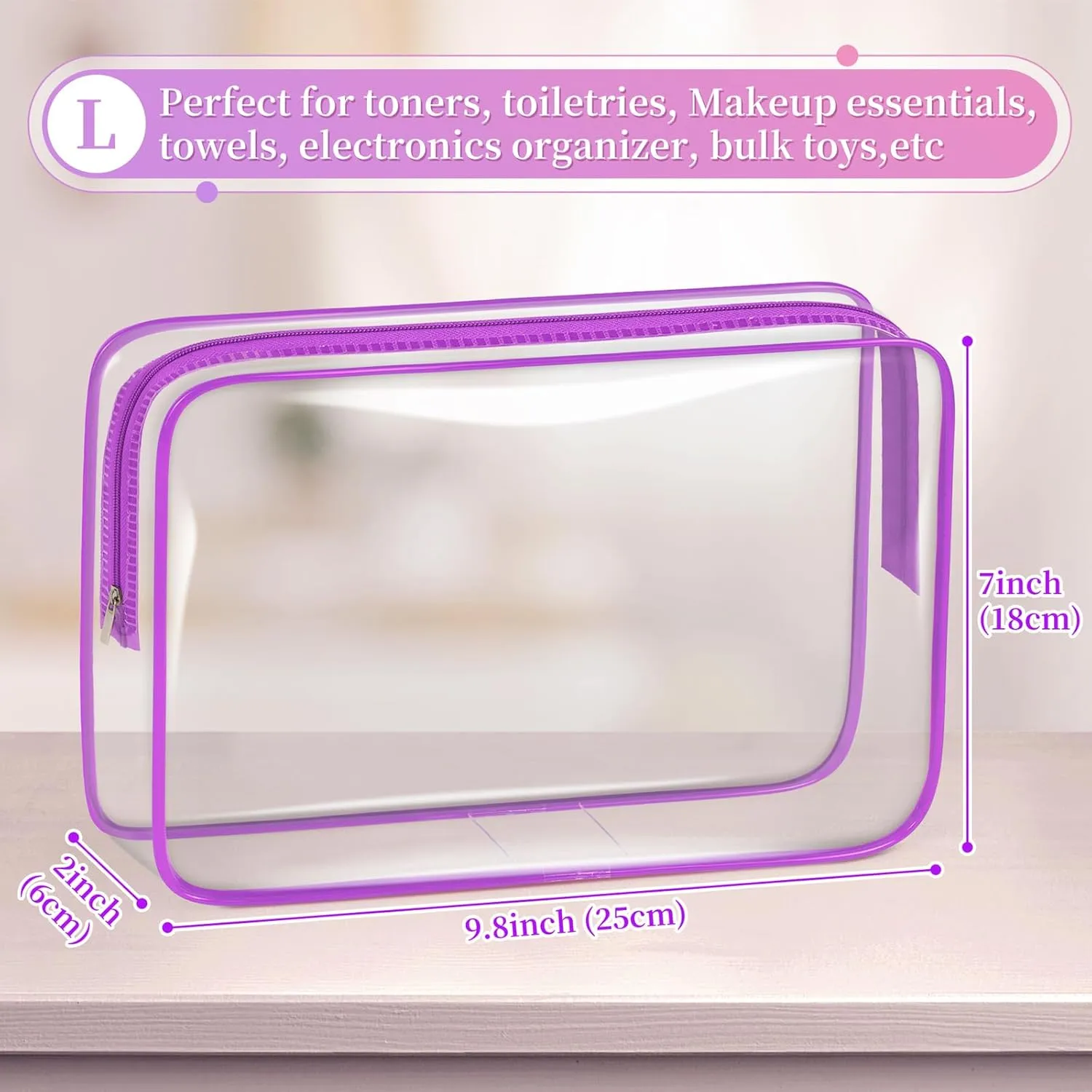 TISRATOK 12 PCS Clear Makeup Bag for Women with Zipper, TSA Approved Toiletry Pouch, Cosmetic Bag Bulk for Travel Organizer Essentials - Purple, Large