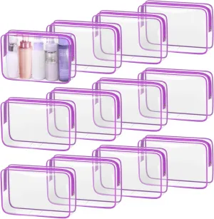 TISRATOK 12 PCS Clear Makeup Bag for Women with Zipper, TSA Approved Toiletry Pouch, Cosmetic Bag Bulk for Travel Organizer Essentials - Purple, Large