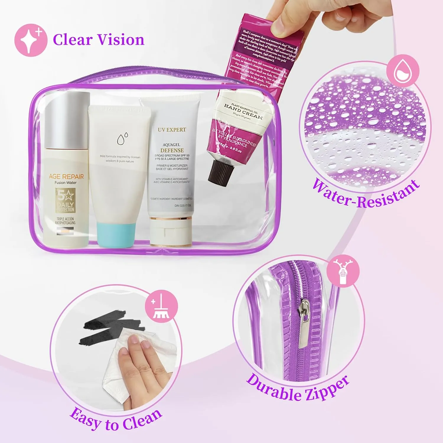 TISRATOK 12 PCS Clear Makeup Bag for Women with Zipper, TSA Approved Toiletry Pouch, Cosmetic Bag Bulk for Travel Organizer Essentials - Purple, Large