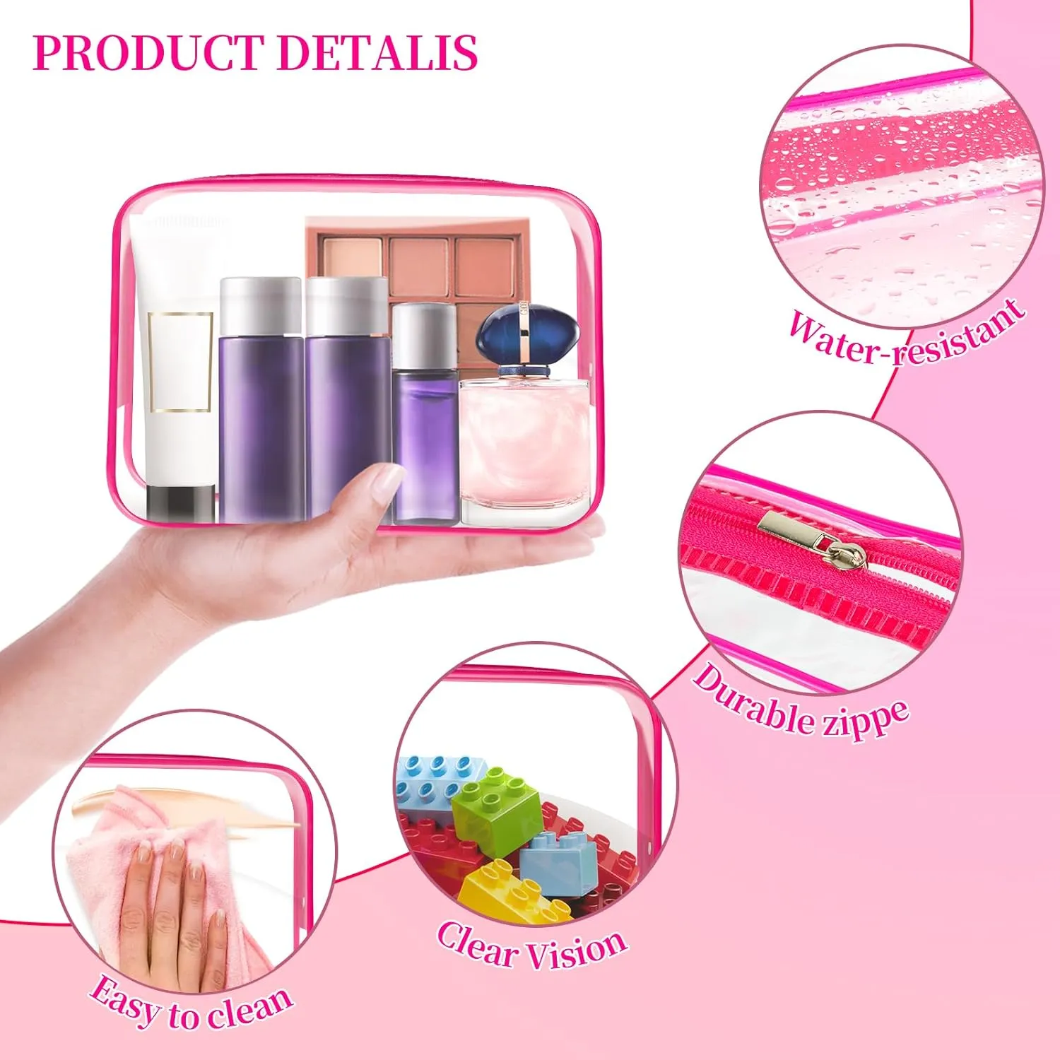 TISRATOK 24 PCS Clear Toiletry Bag for Women Men, Transparent Cosmetic Bag for Travel Makeup Organizer TSA Approved Pouch - Rose Red, Medium