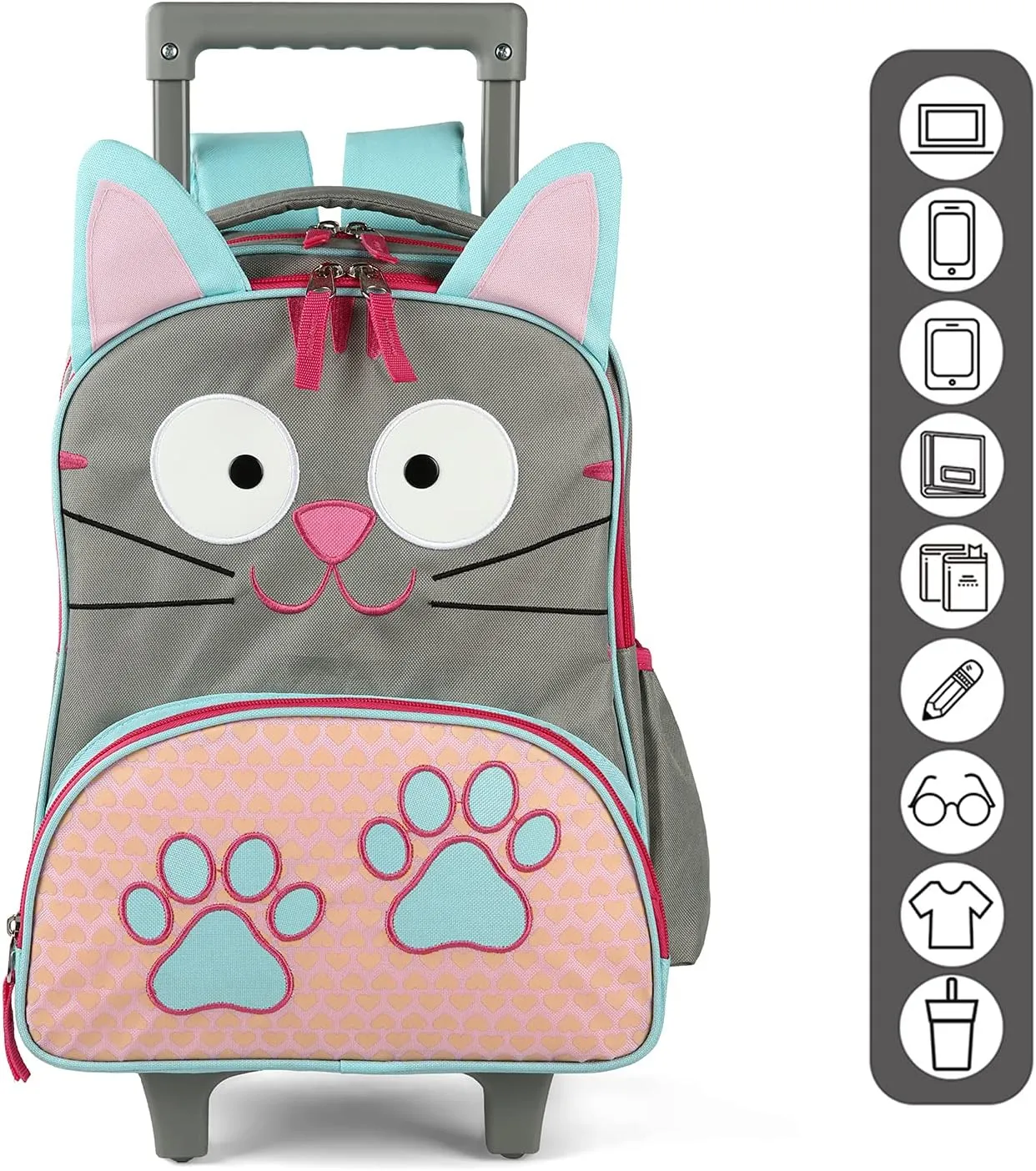 Toddler Rolling Backpack 16 inch Kids Wheeled Backpack Boys Girls Travel School Children Luggage Toddler Trip, Cat