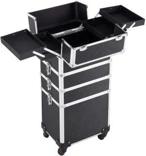 Topeakmart 4 in 1 Professional Rolling Makeup Case Large Cosmetic Train Case Organizer, Makeup Travel Box with Removeable Wheels Black