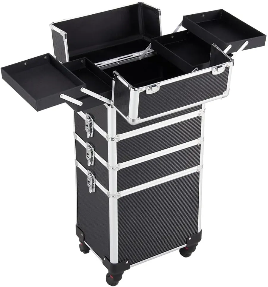 Topeakmart 4 in 1 Professional Rolling Makeup Case Large Cosmetic Train Case Organizer, Makeup Travel Box with Removeable Wheels Black
