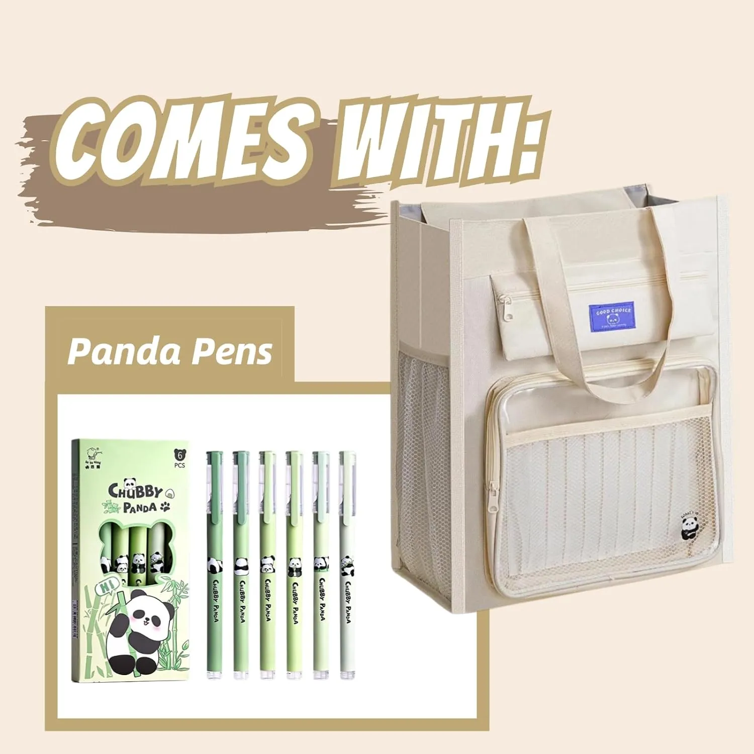 Tote Bag Cute Panda Print Multipocket Commuter Large Capacity   5 Pens (4-Beige)