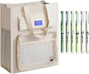 Tote Bag Cute Panda Print Multipocket Commuter Large Capacity   5 Pens (4-Beige)
